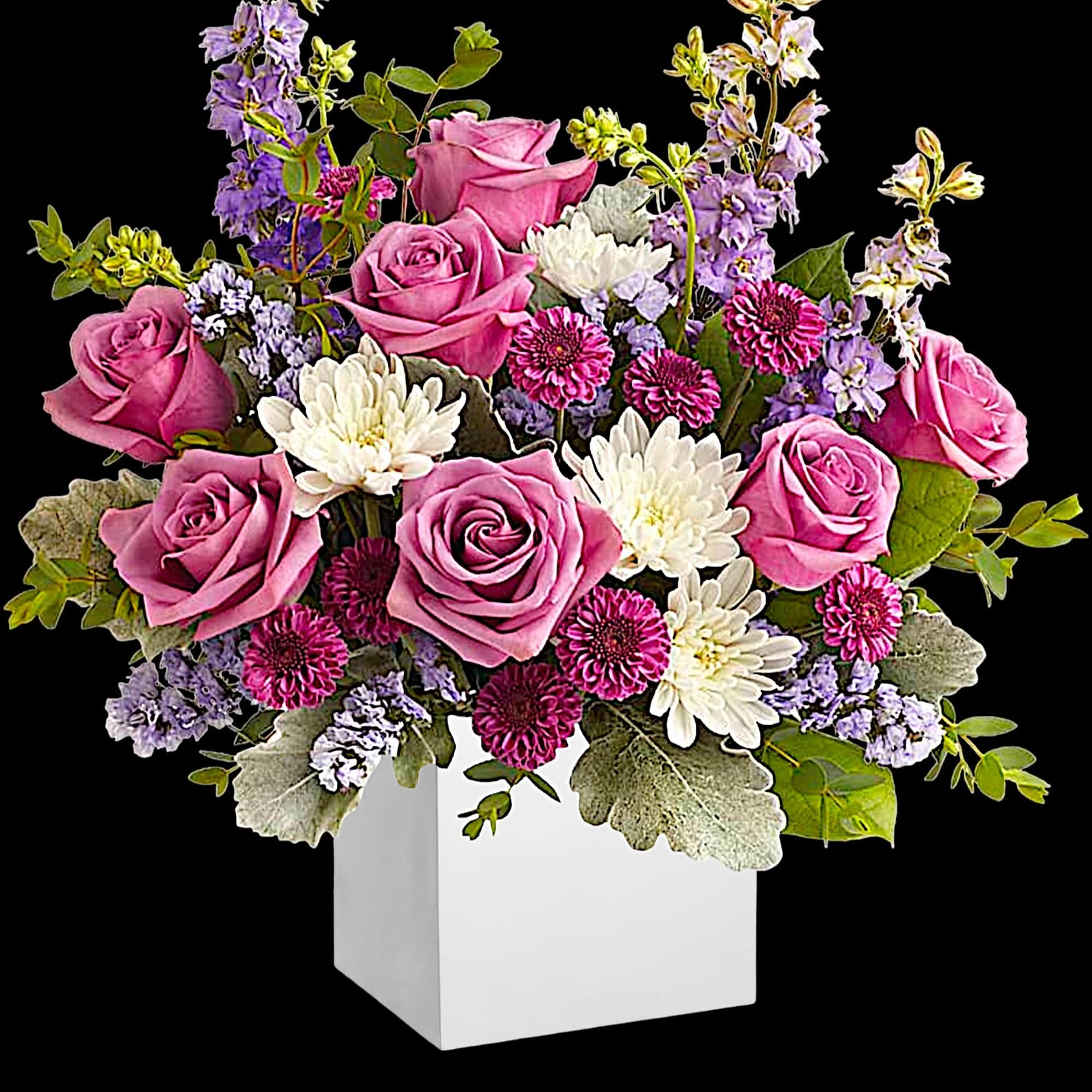 A playful spin on the classic rose arrangement, these lovely lavender blooms