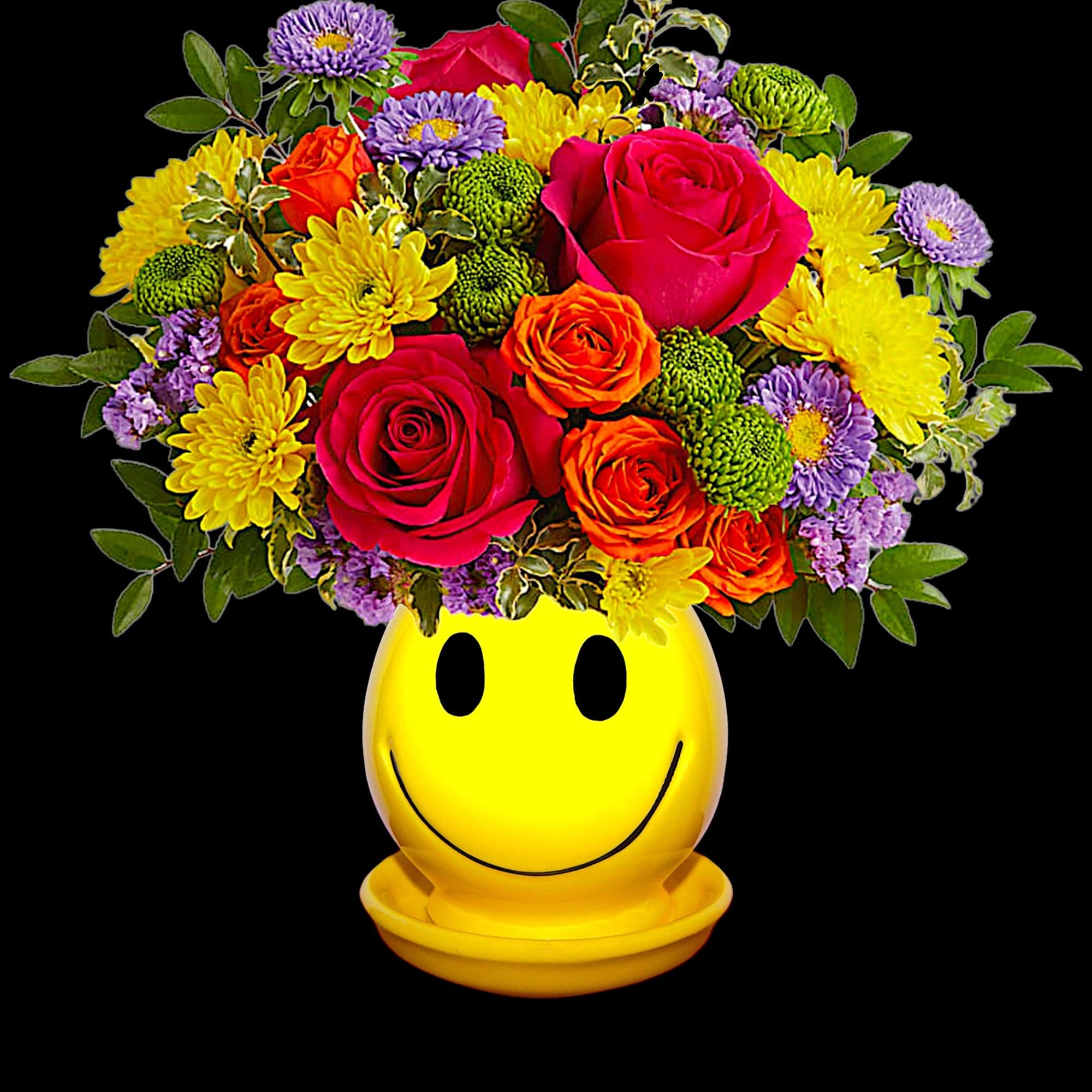 Happiness, delivered! Colorful roses in a cheerful ceramic planter are the quickest