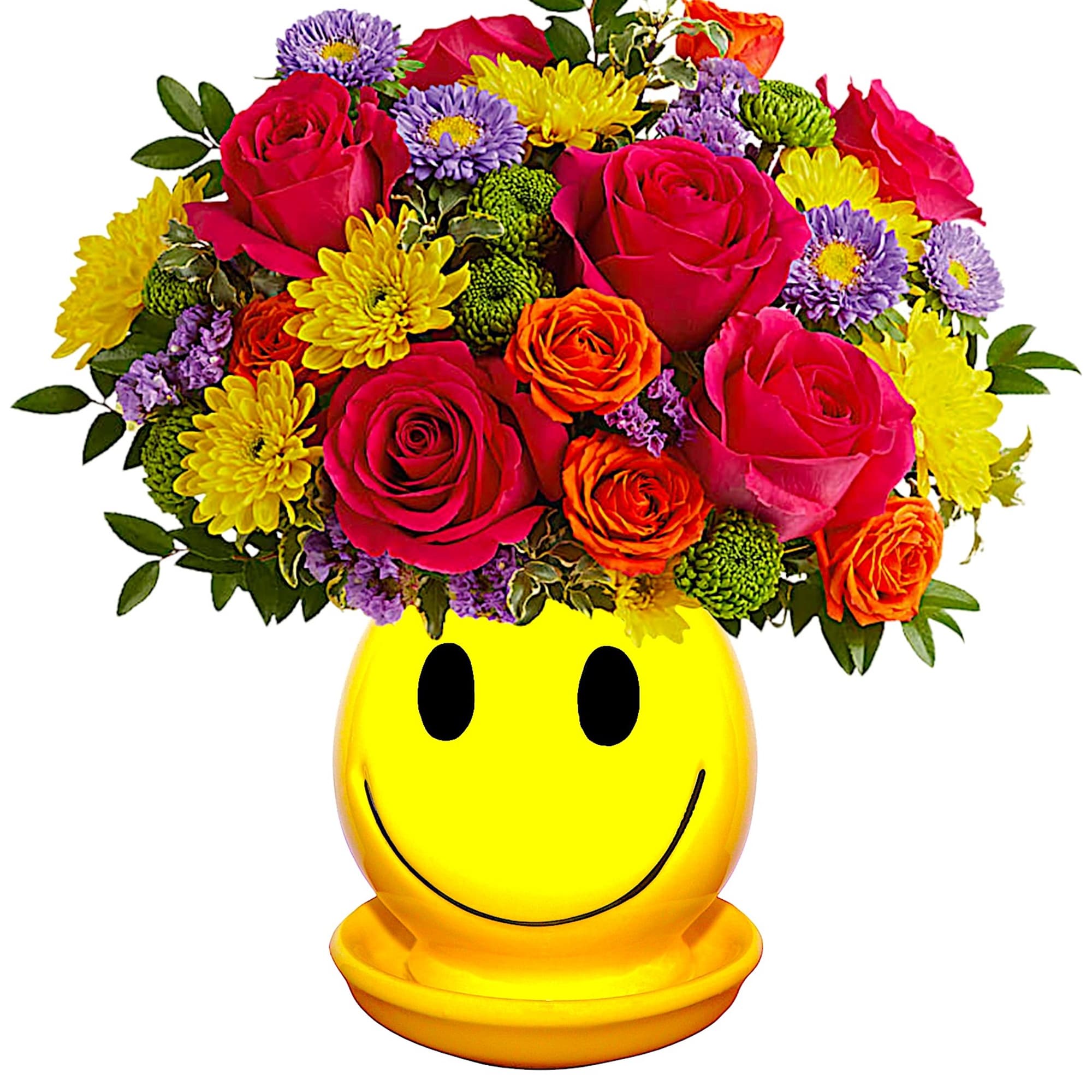 Happiness, delivered! Colorful roses in a cheerful ceramic planter are the quickest