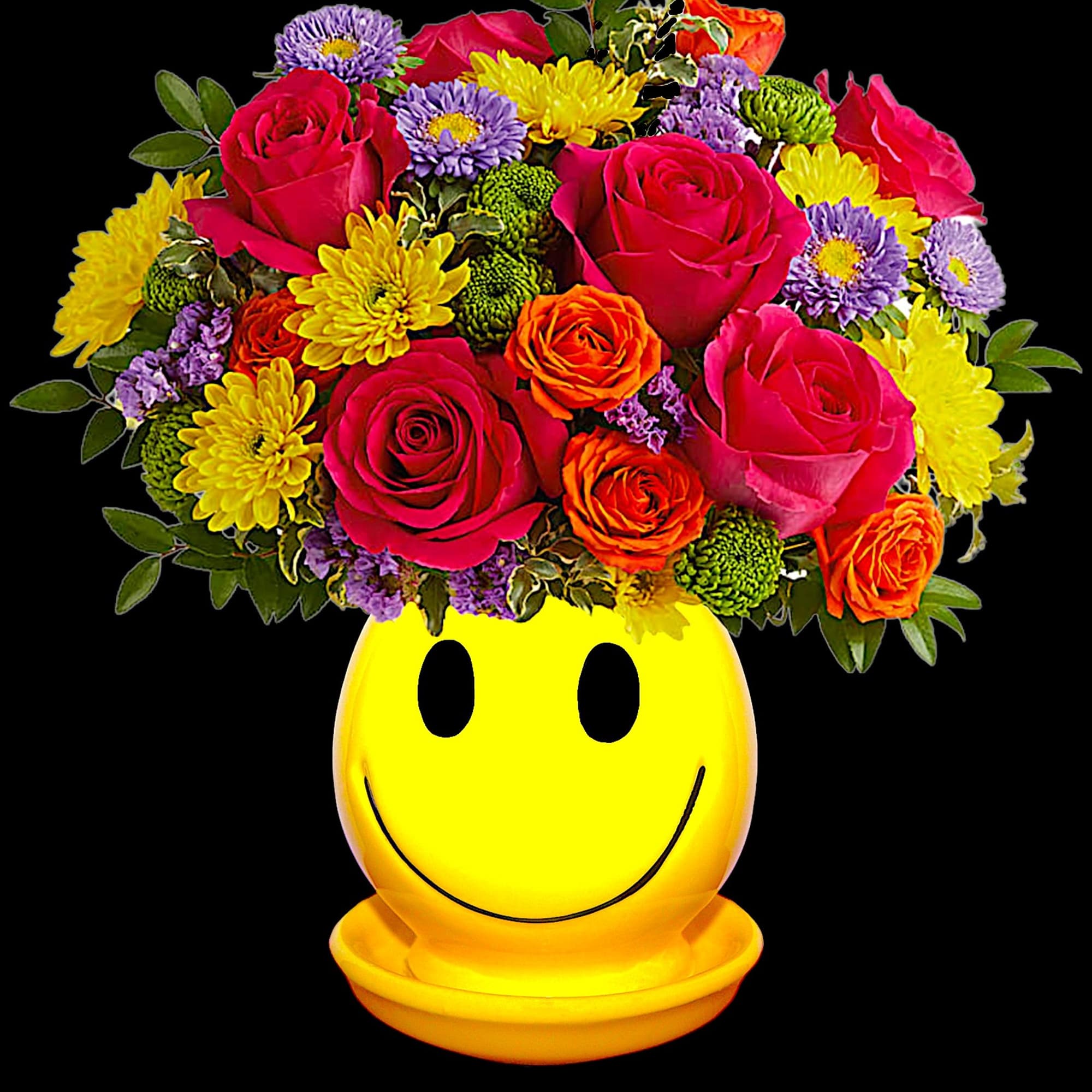 Happiness, delivered! Colorful roses in a cheerful ceramic planter are the quickest