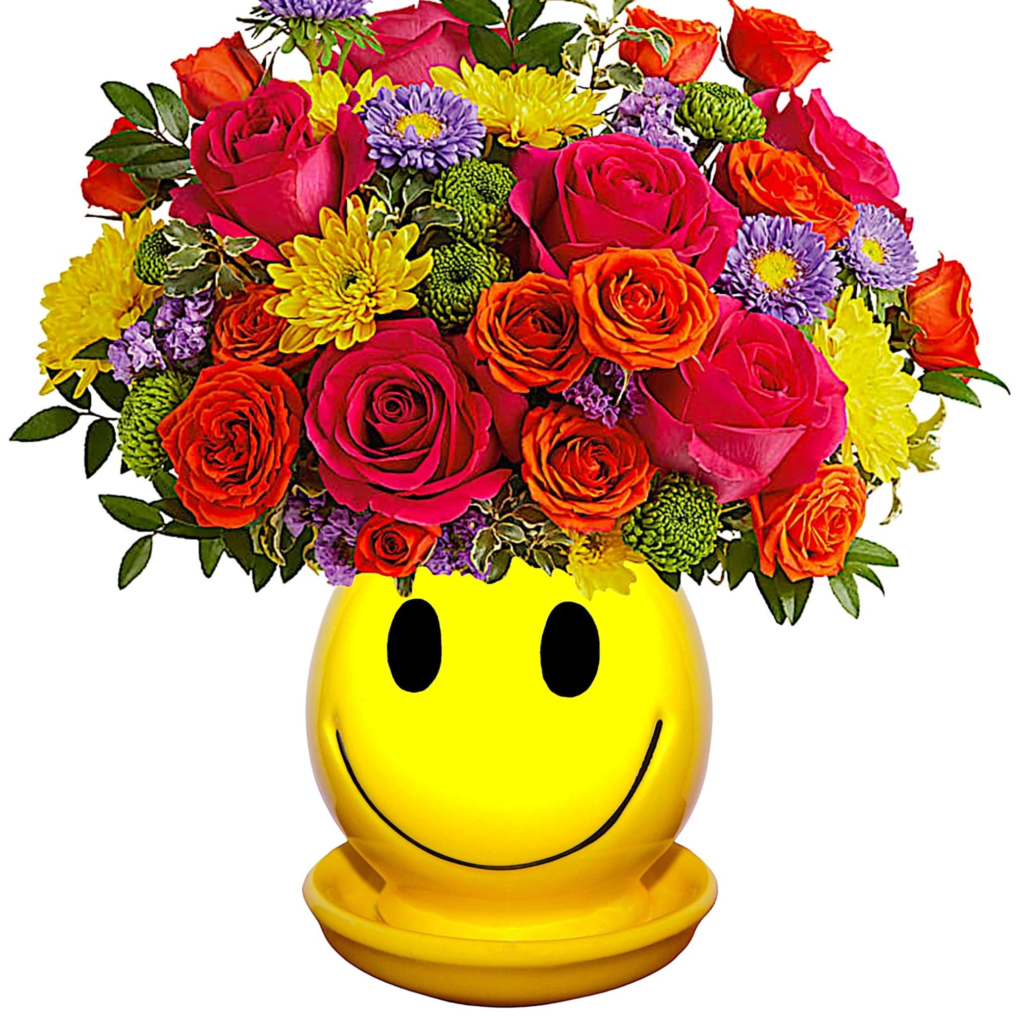 Happiness, delivered! Colorful roses in a cheerful ceramic planter are the quickest