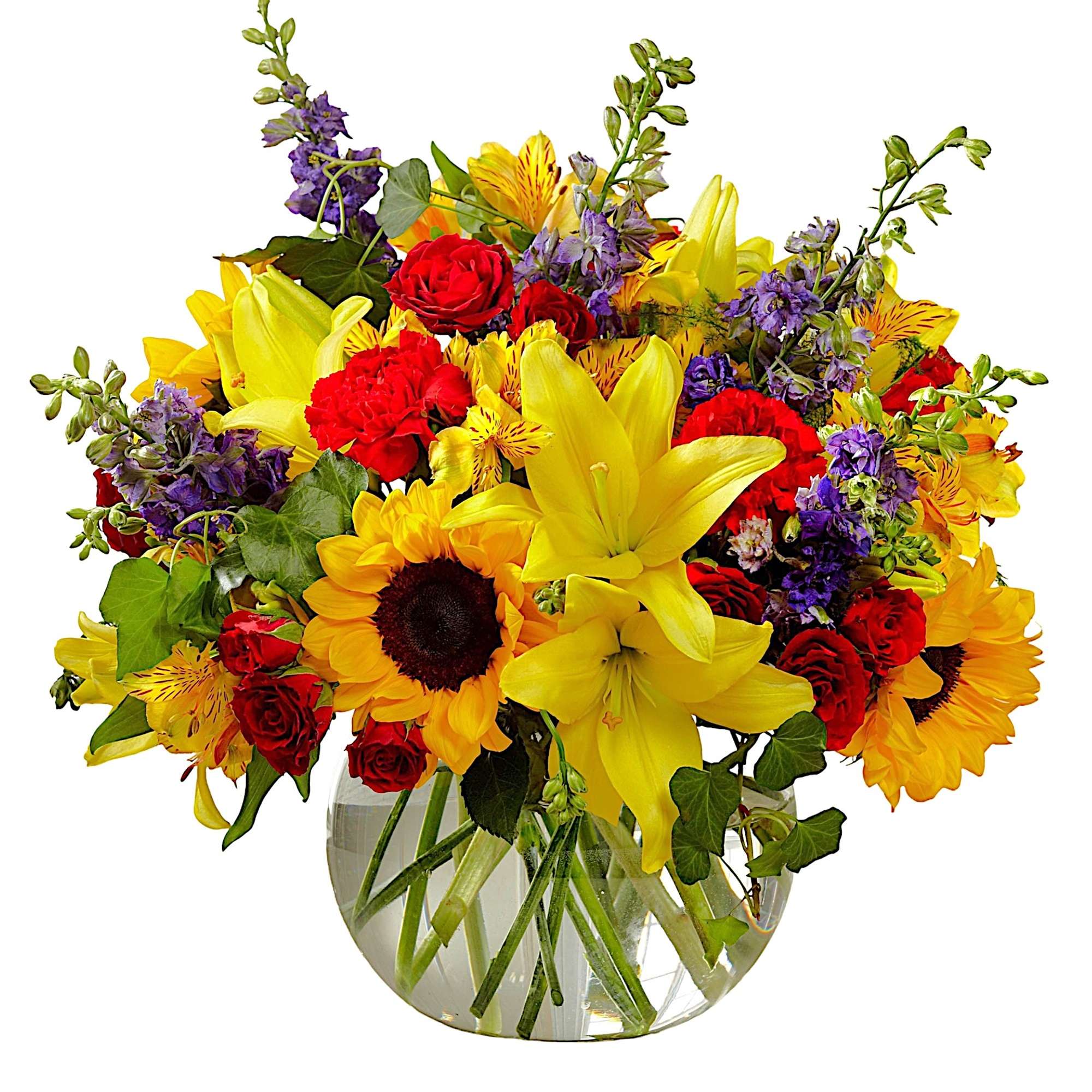 Beautiful and vibrant colors of alstroemeria, larkspur, spray roses, carnations, sunflowers, and