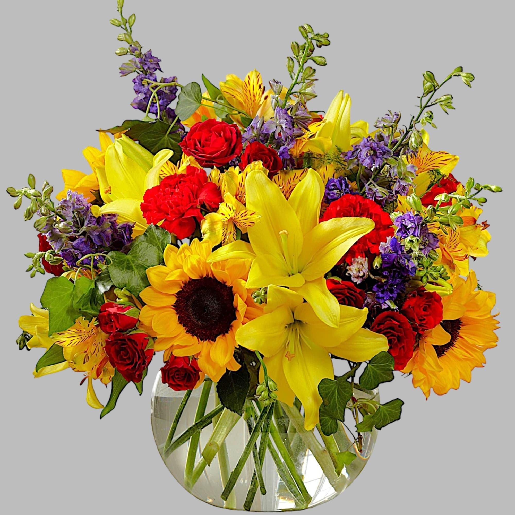 Beautiful and vibrant colors of alstroemeria, larkspur, spray roses, carnations, sunflowers, and