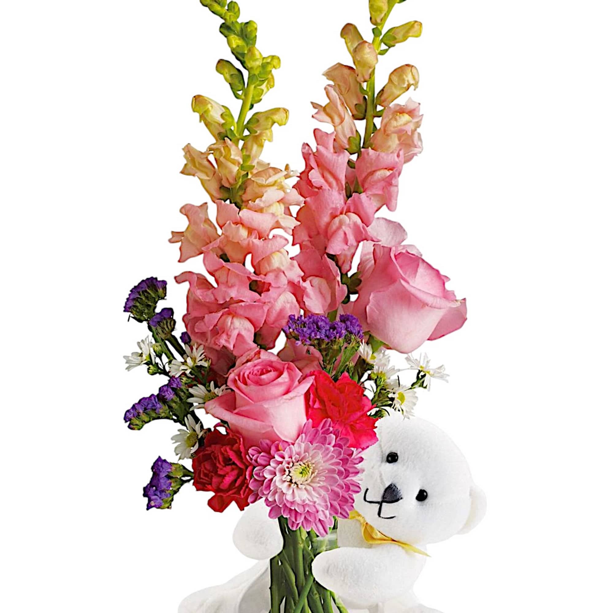 Send this adorable little bear with enchanting flowers, and someone special will