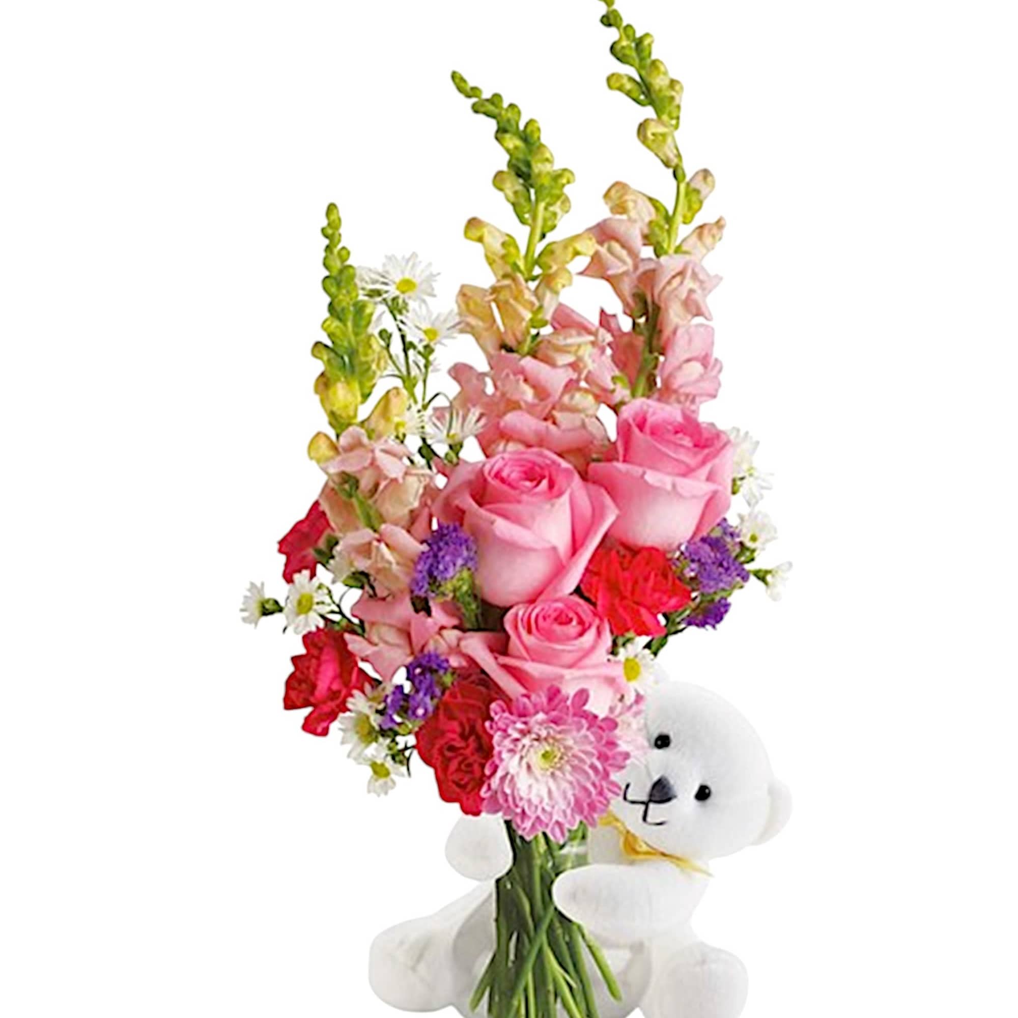 Send this adorable little bear with enchanting flowers, and someone special will