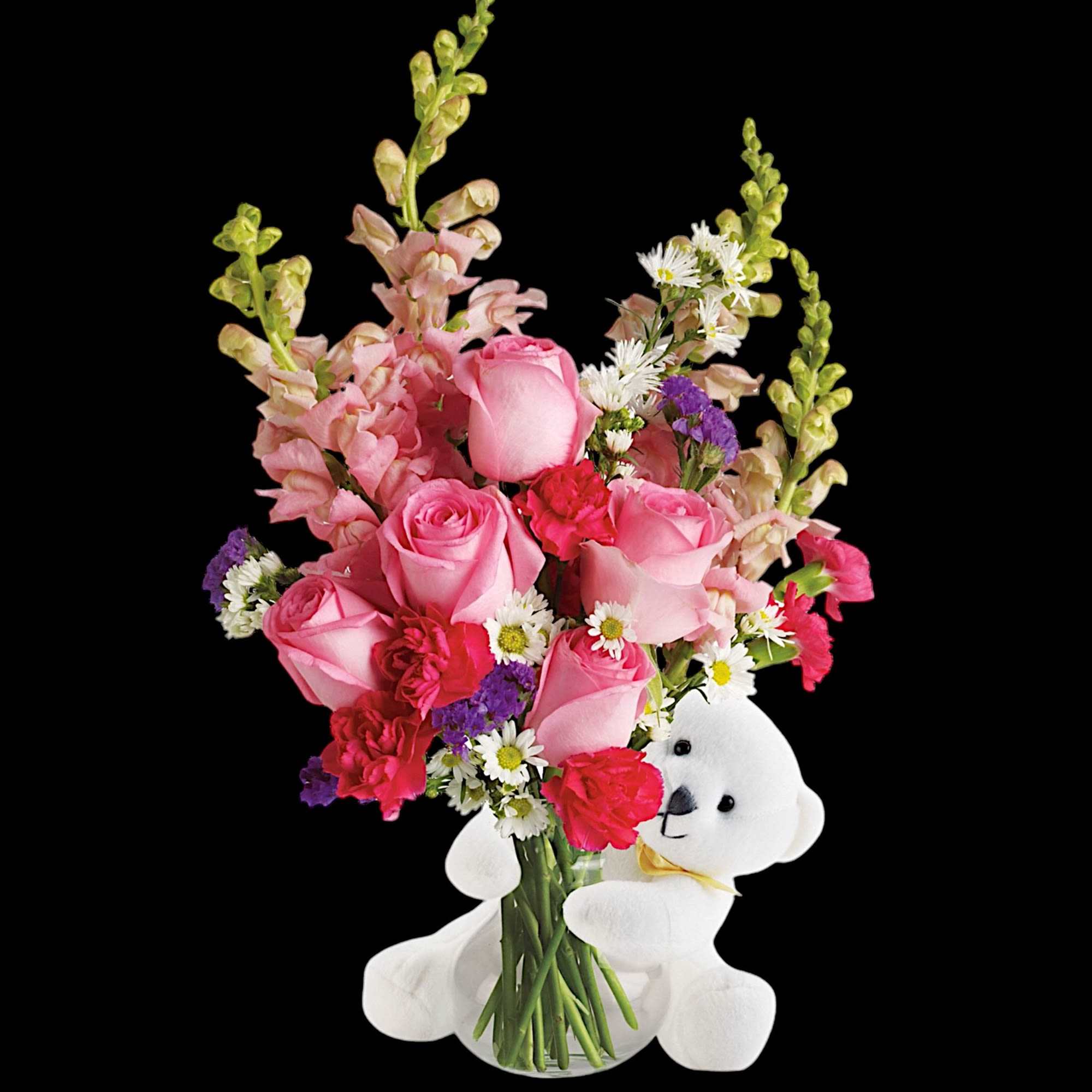 Send this adorable little bear with enchanting flowers, and someone special will