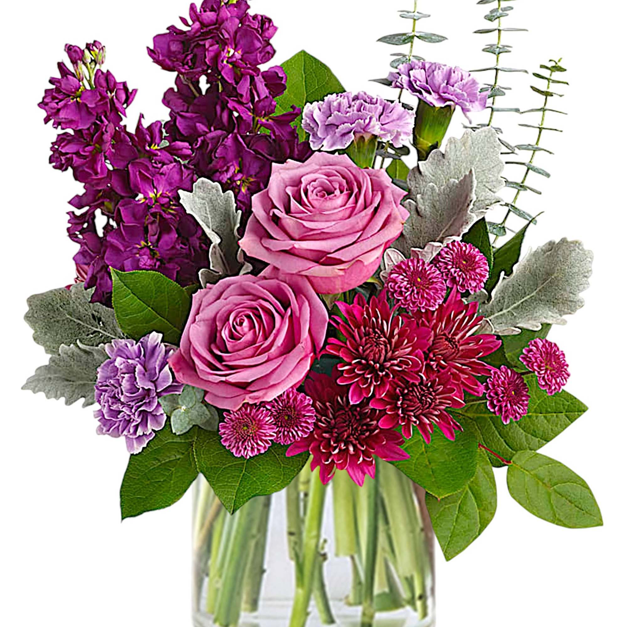 Shimmering with the beauty of a faceted amethyst, this luxurious rose arrangement