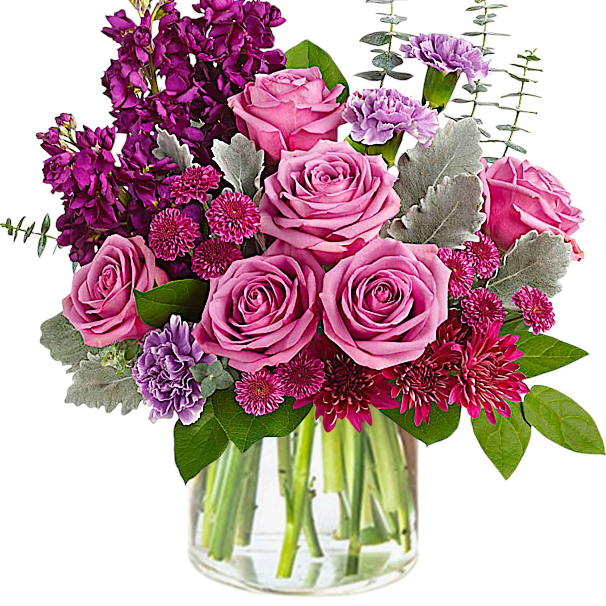 Shimmering with the beauty of a faceted amethyst, this luxurious rose arrangement