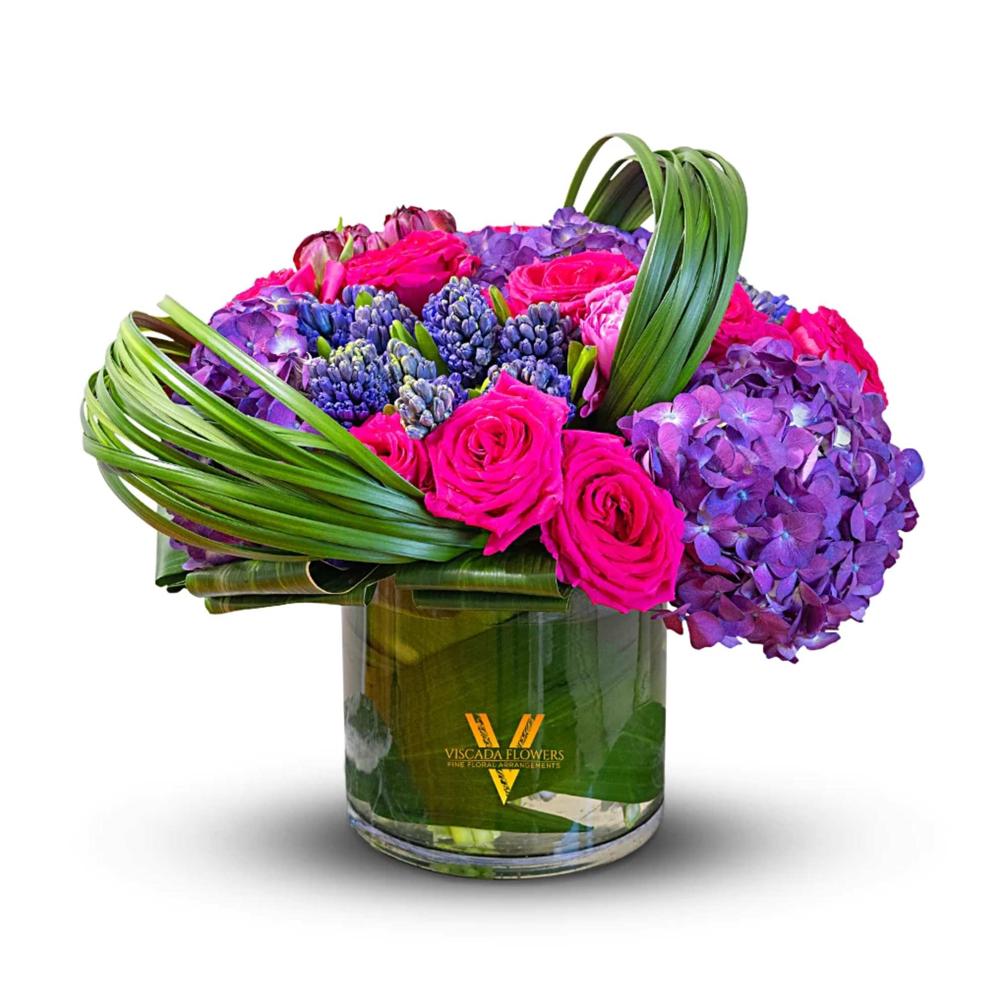Fiery and captivating, this bouquet features hot pink roses, purple hydrangeas, wine
