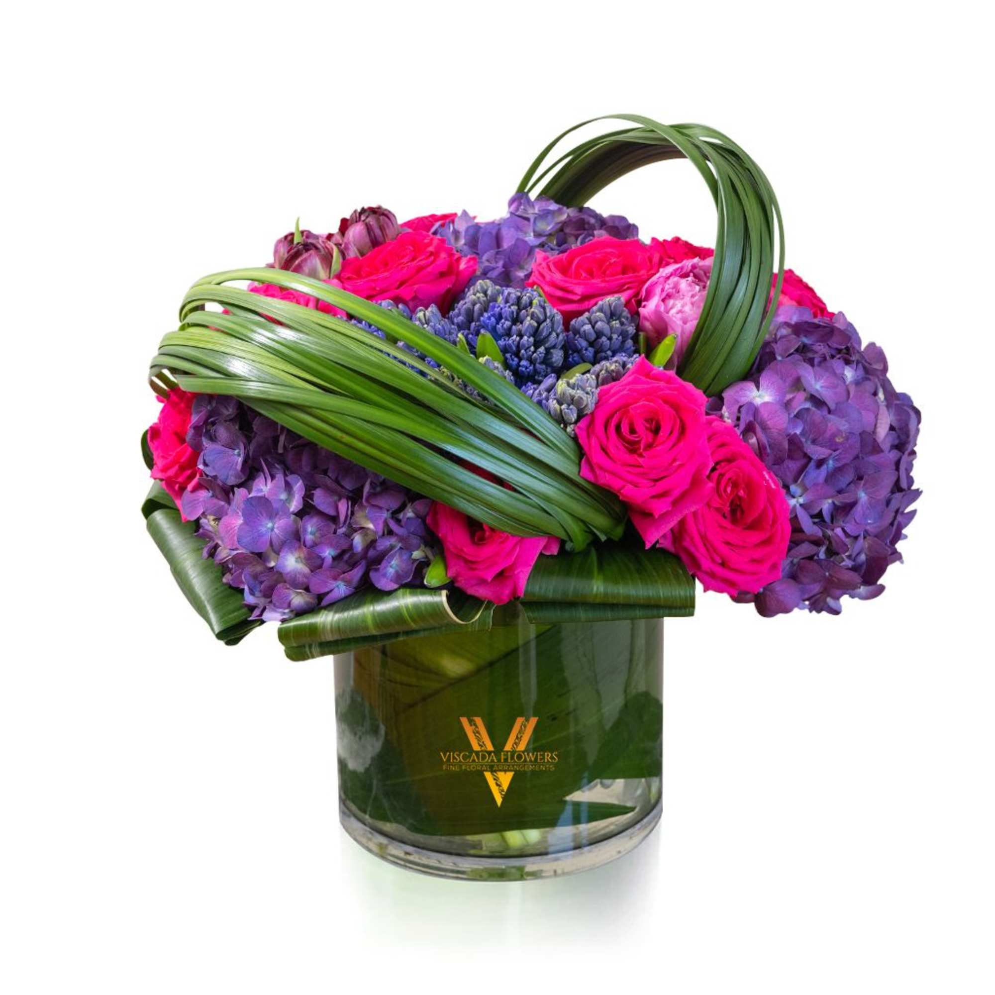 Fiery and captivating, this bouquet features hot pink roses, purple hydrangeas, wine