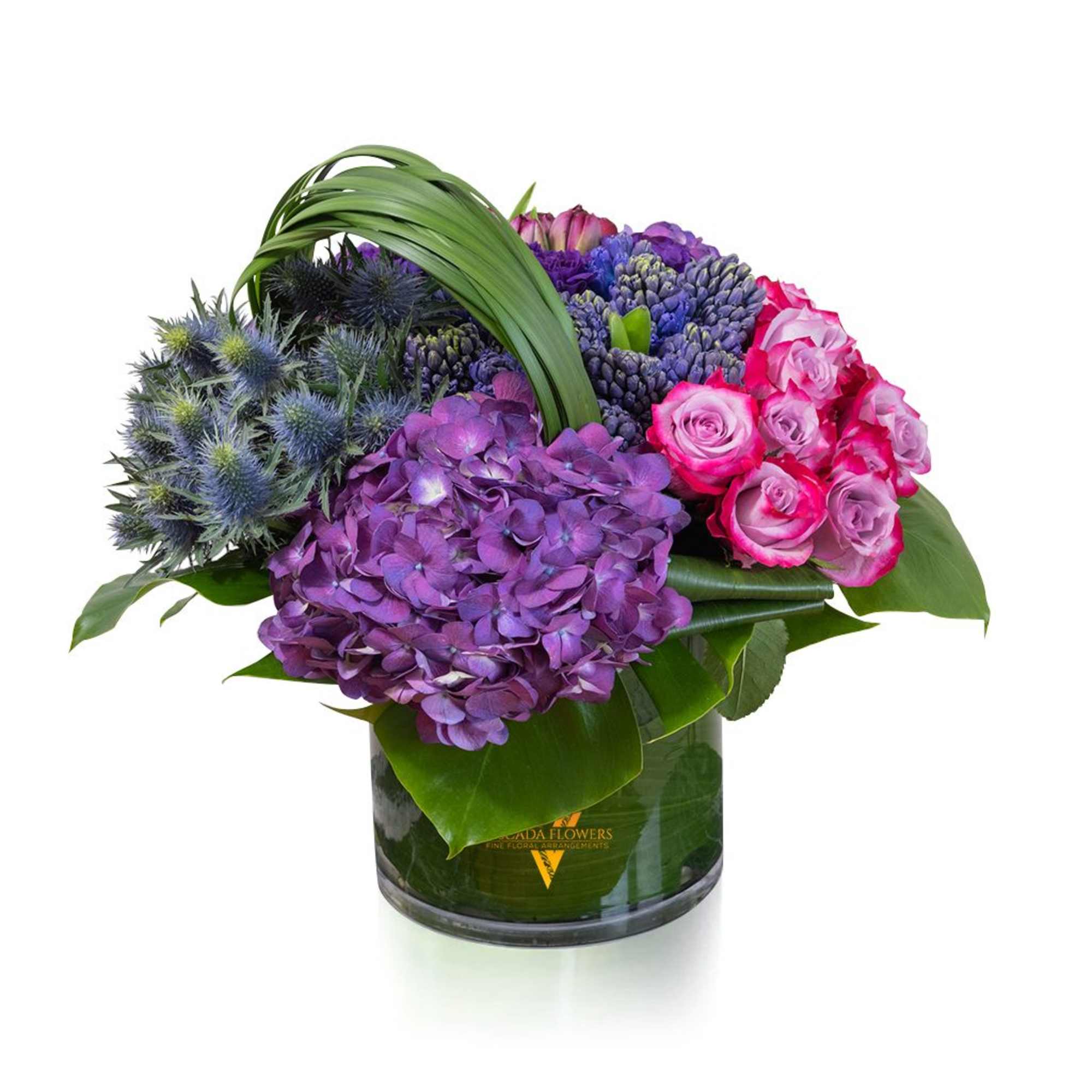 This captivating bouquet features pink roses, purple muscaris and hydrangeas, Cabernet tulips