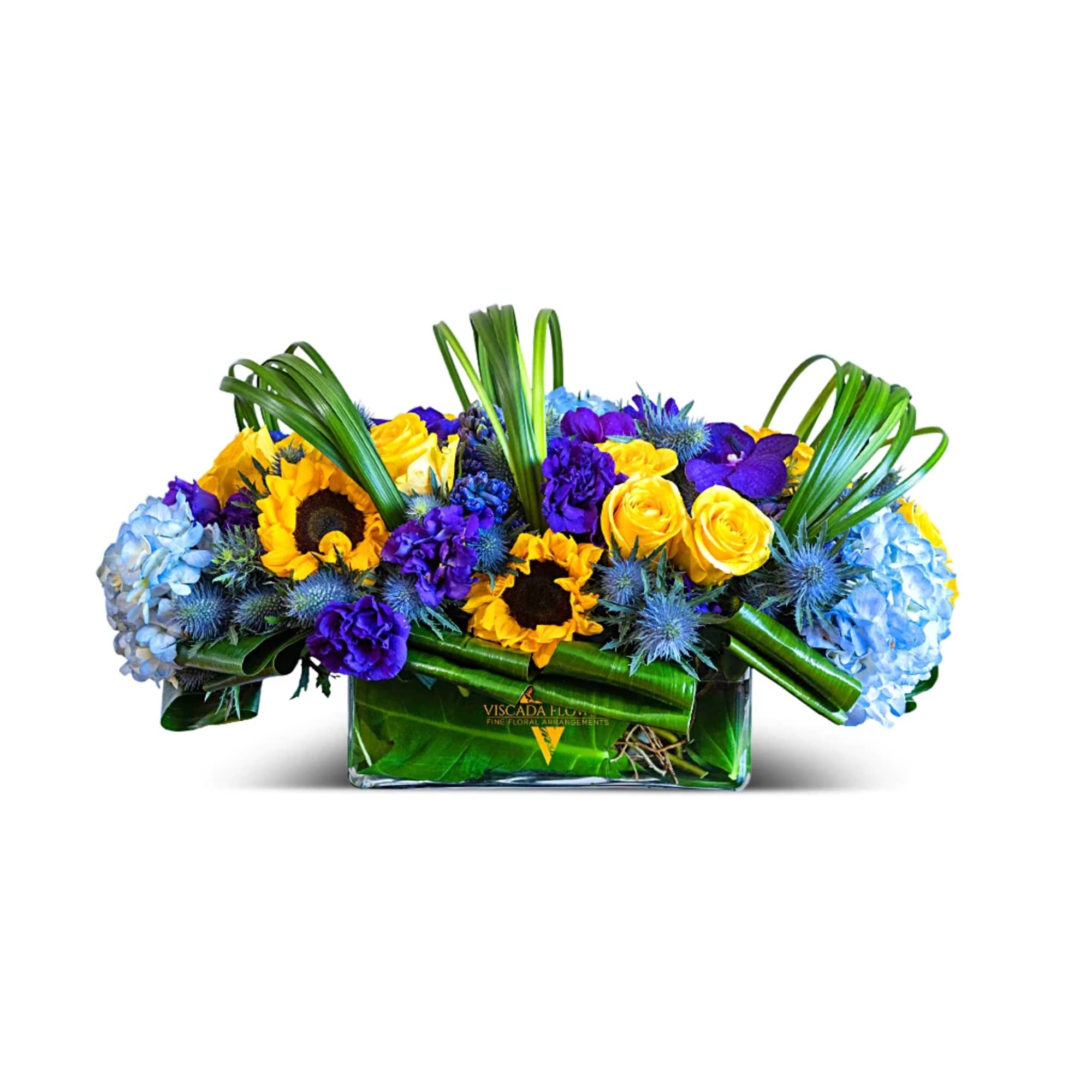 Vibrant and energizing, this bouquet showcases yellow roses, blue hydrangeas, and blue