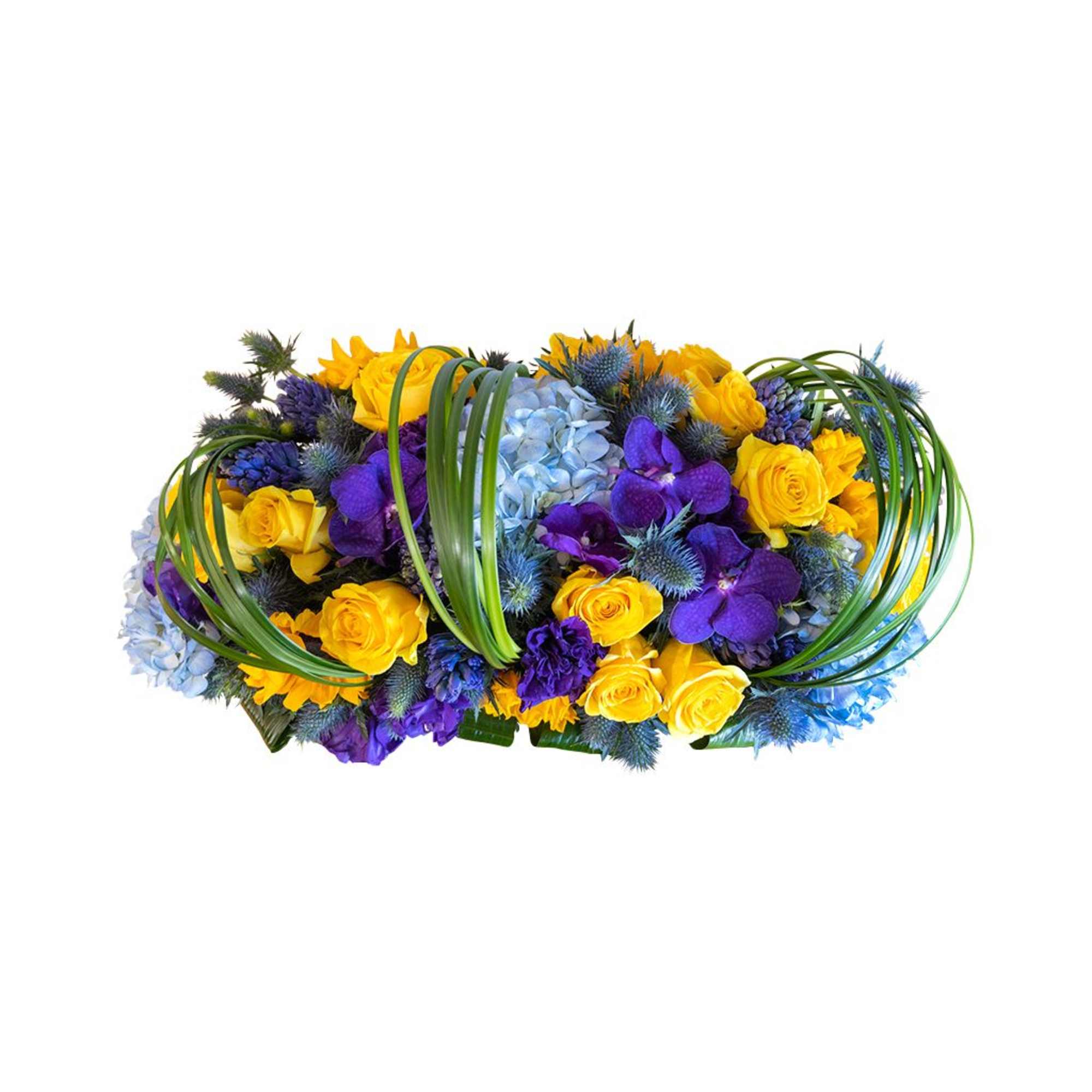 Vibrant and energizing, this bouquet showcases yellow roses, blue hydrangeas, and blue