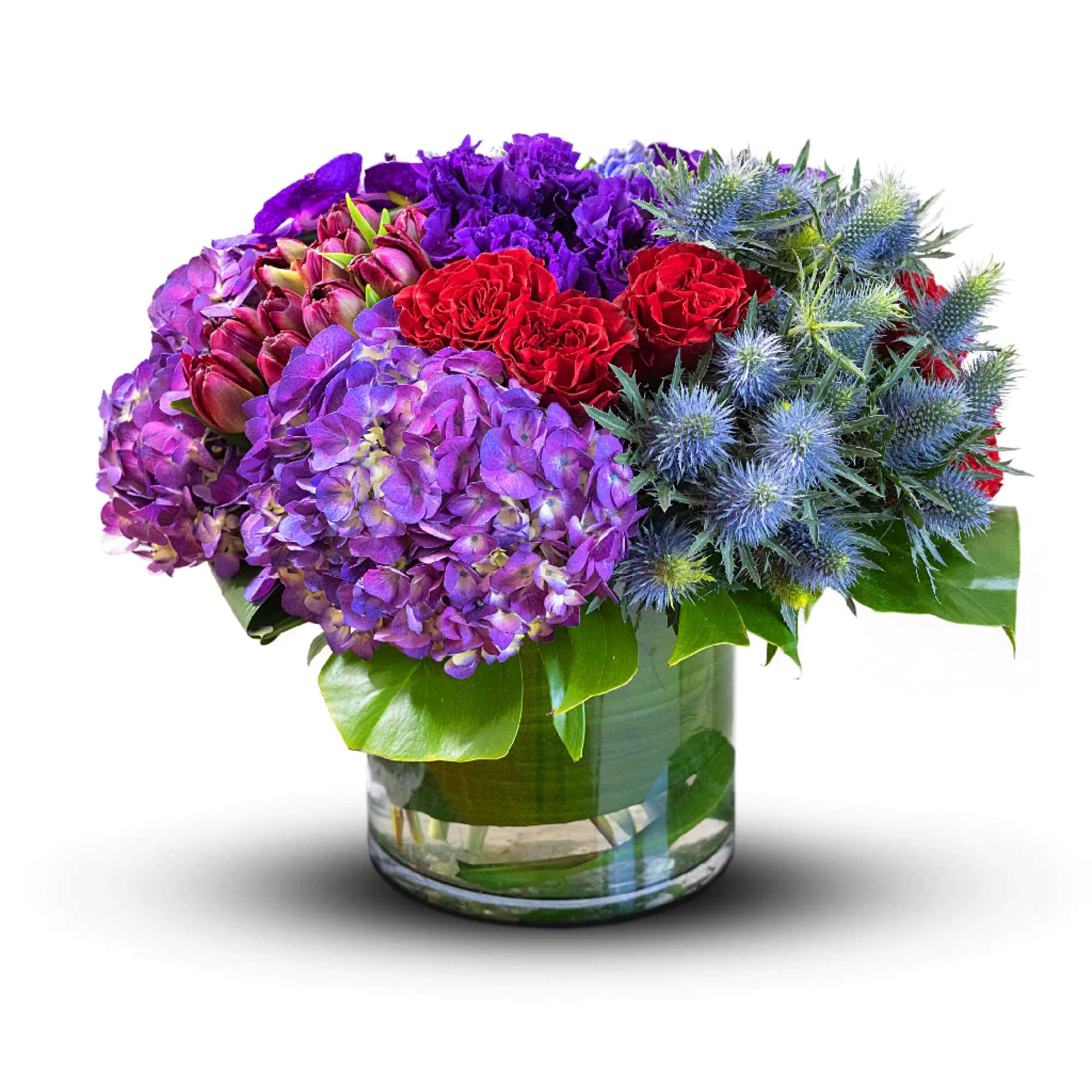This captivating bouquet features red roses, purple hydrangeas, blue sea holly, muscaris