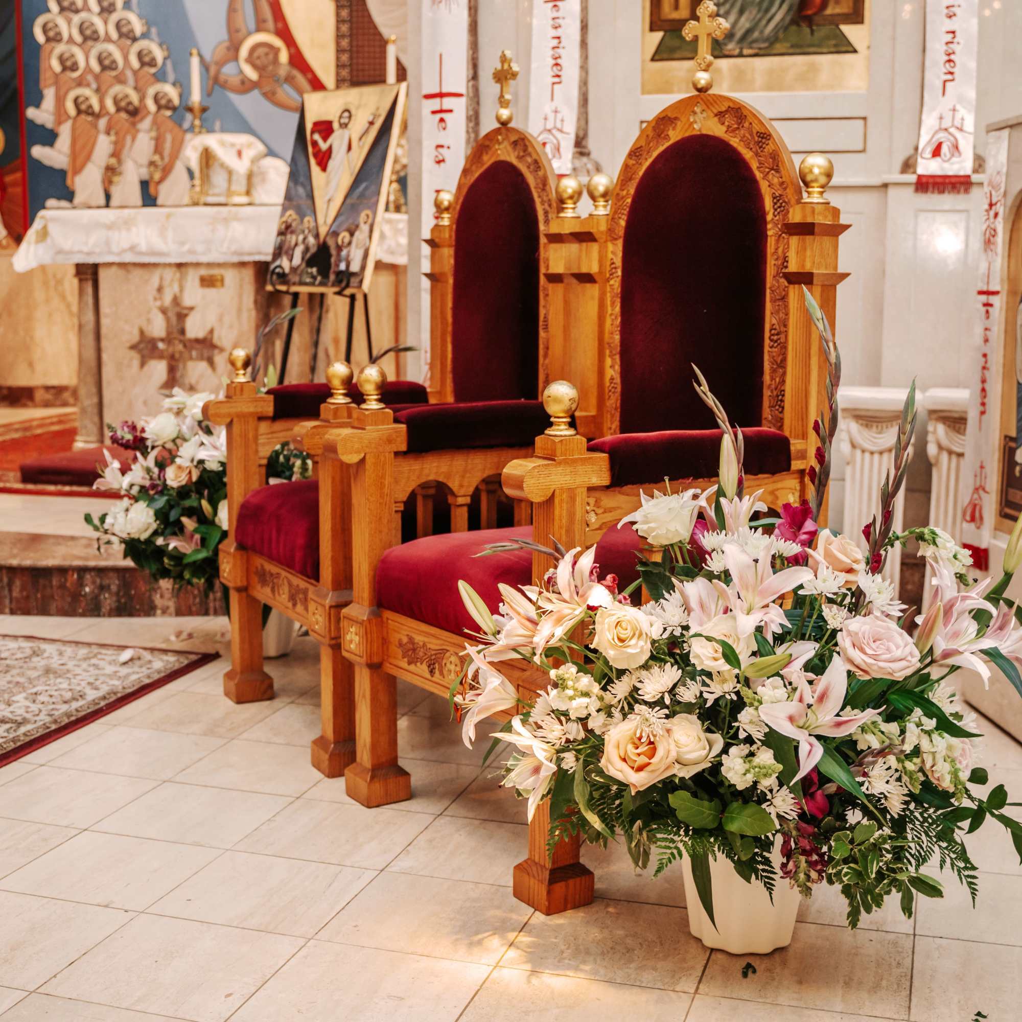 Gorgeous stargazer lily, roses, alstroemeria, gladiola and other flowers altar vase