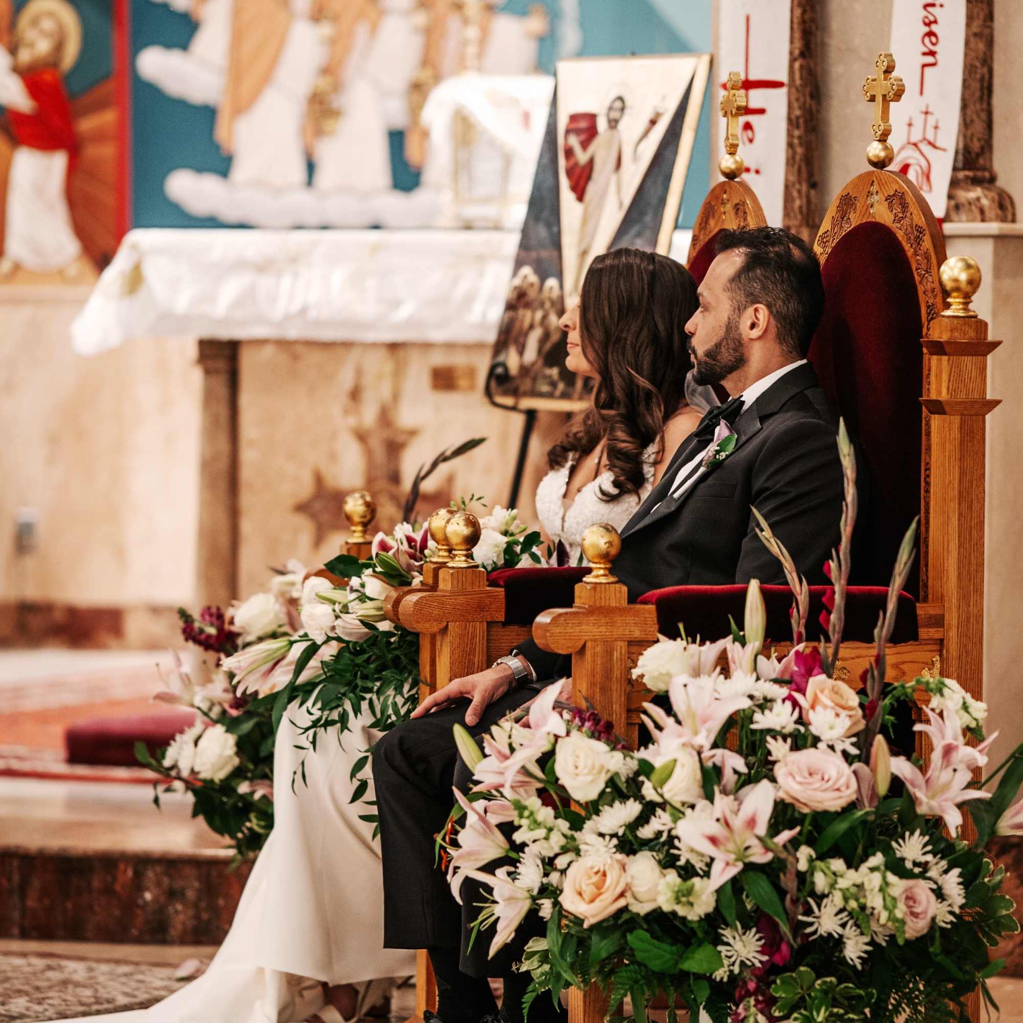 Gorgeous stargazer lily, roses, alstroemeria, gladiola and other flowers altar vase