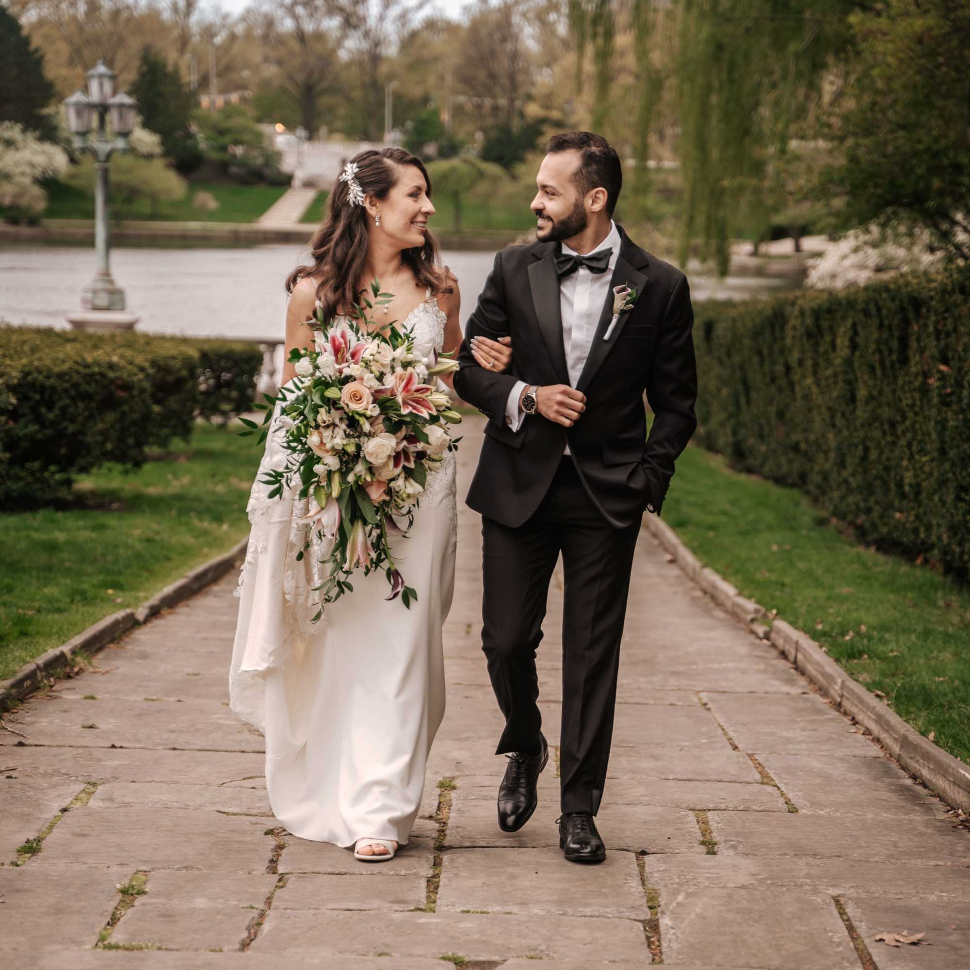 Beautiful stargazer lily, roses, freesia and other filler flowers cascade