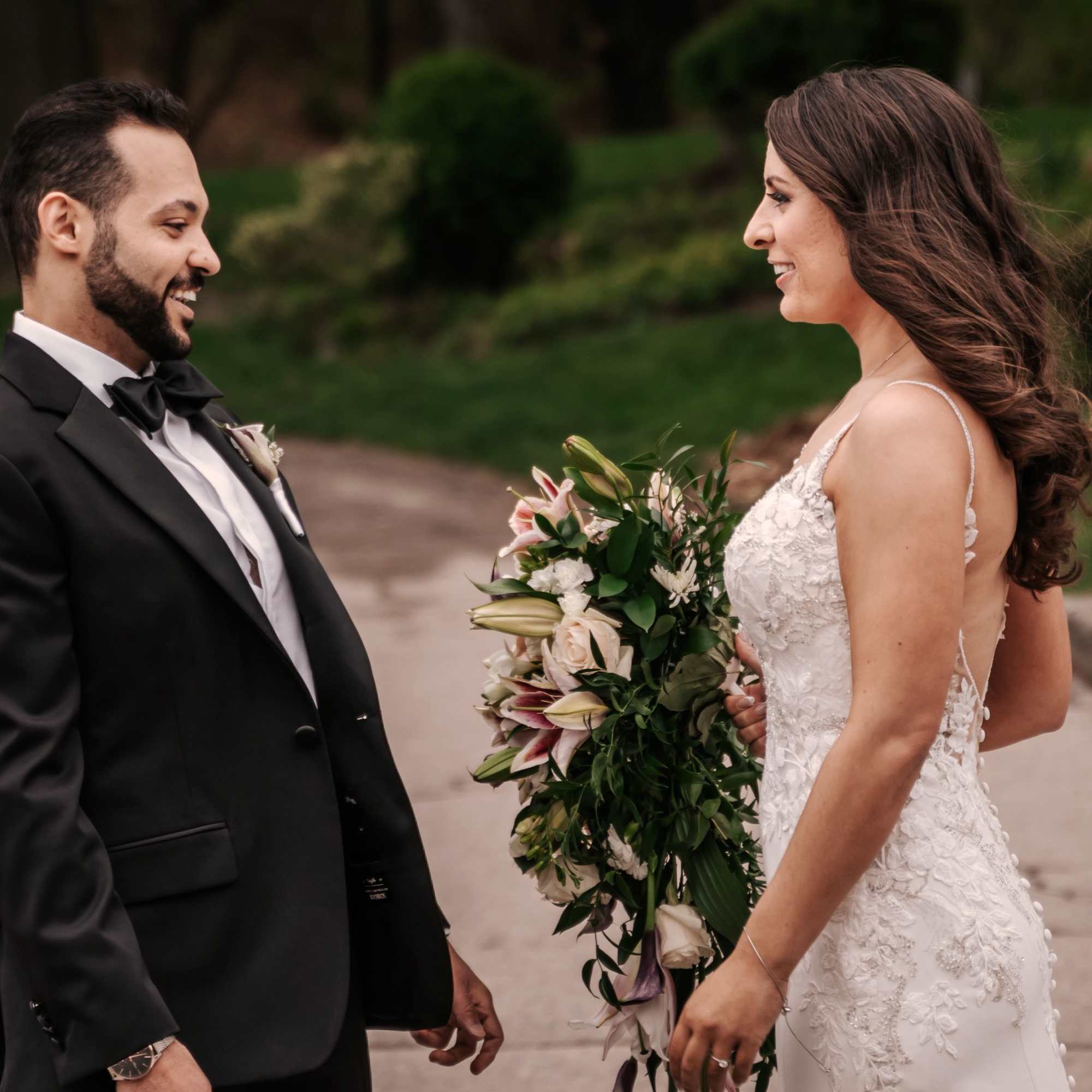 Beautiful stargazer lily, roses, freesia and other filler flowers cascade