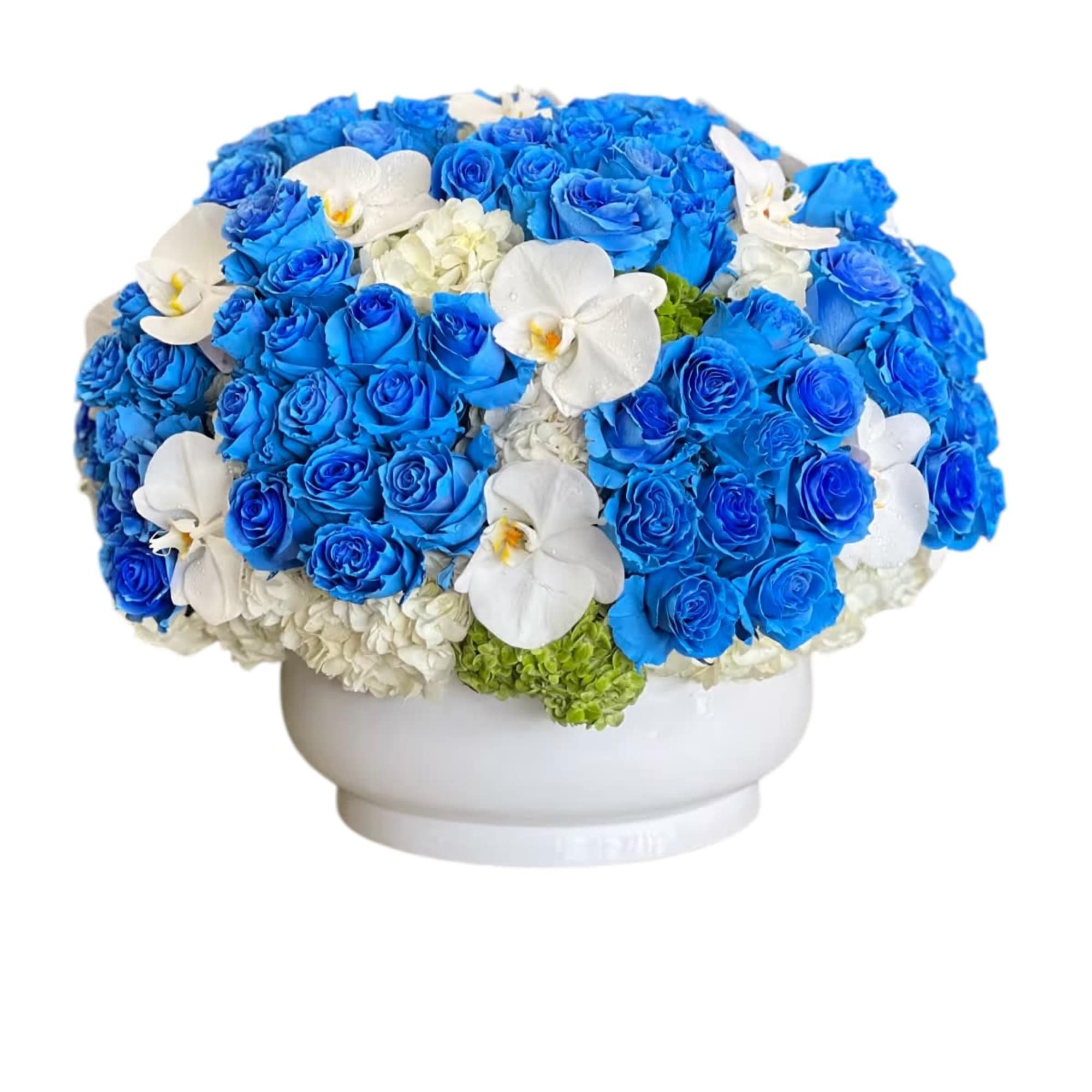 Blue rose clusters with white orchids.