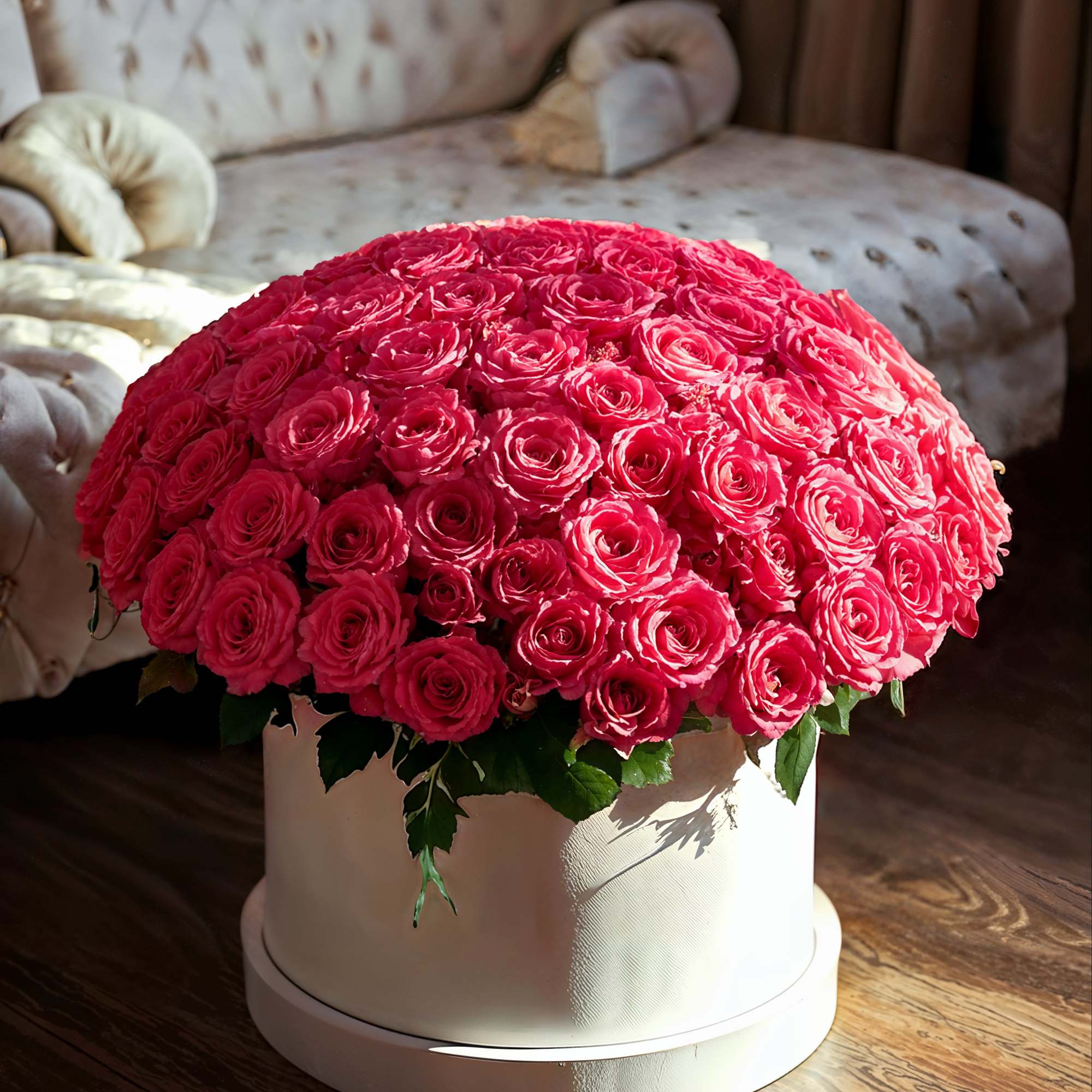 Celebrate life&rsquo;s special moments with our luxurious hatbox arrangement, showcasing hot pink