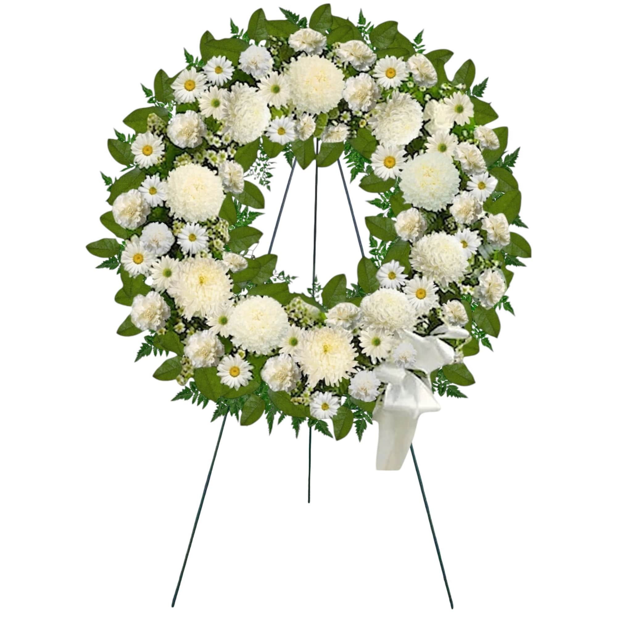 A beautiful white wreath symbolizes the circle of eternal life. Our standing
