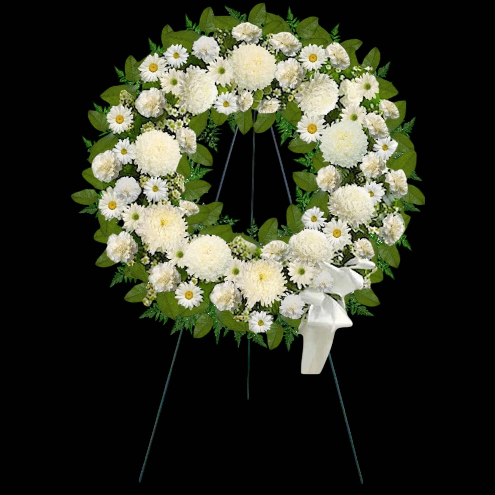 A beautiful white wreath symbolizes the circle of eternal life. Our standing