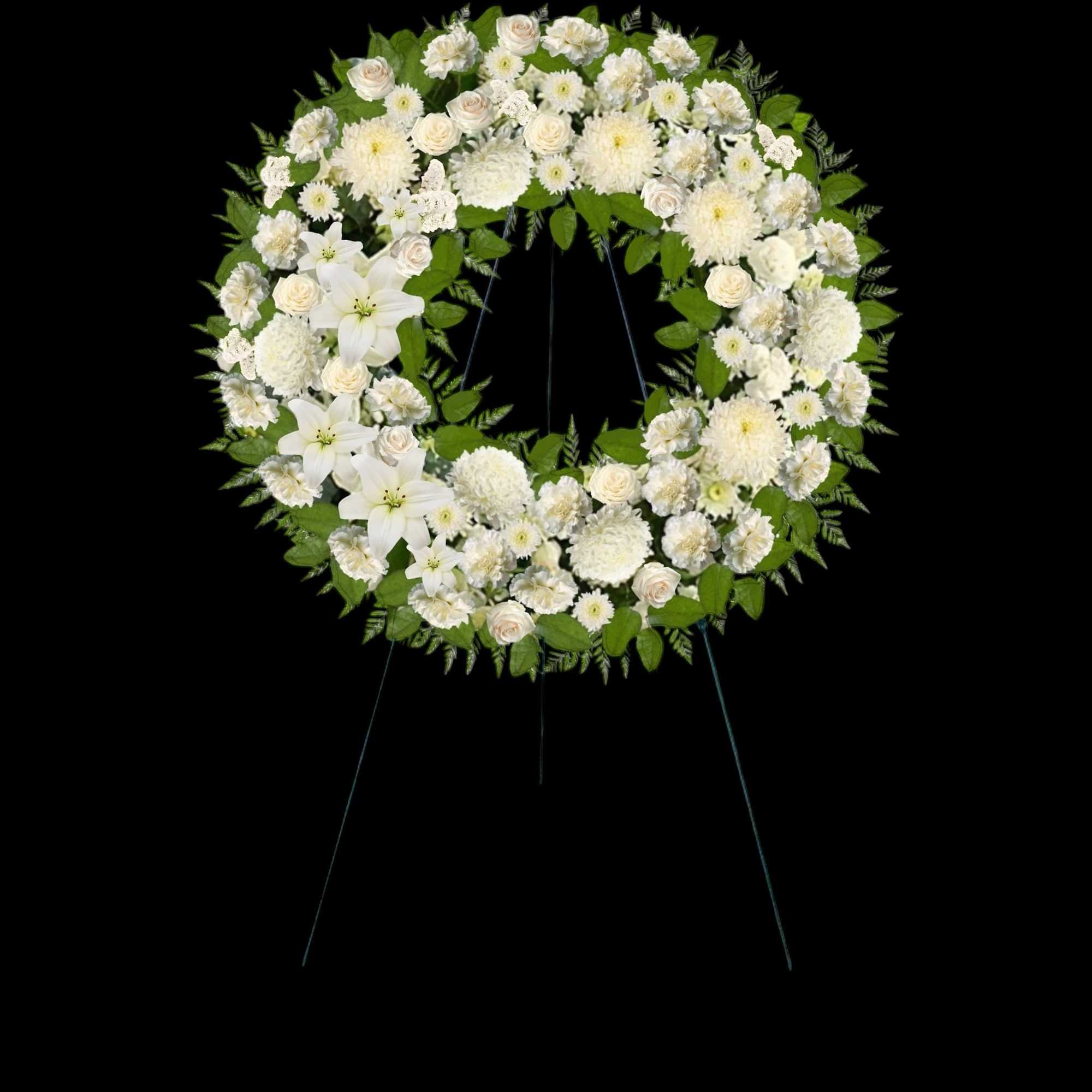 A beautiful white wreath symbolizes the circle of eternal life. Our standing
