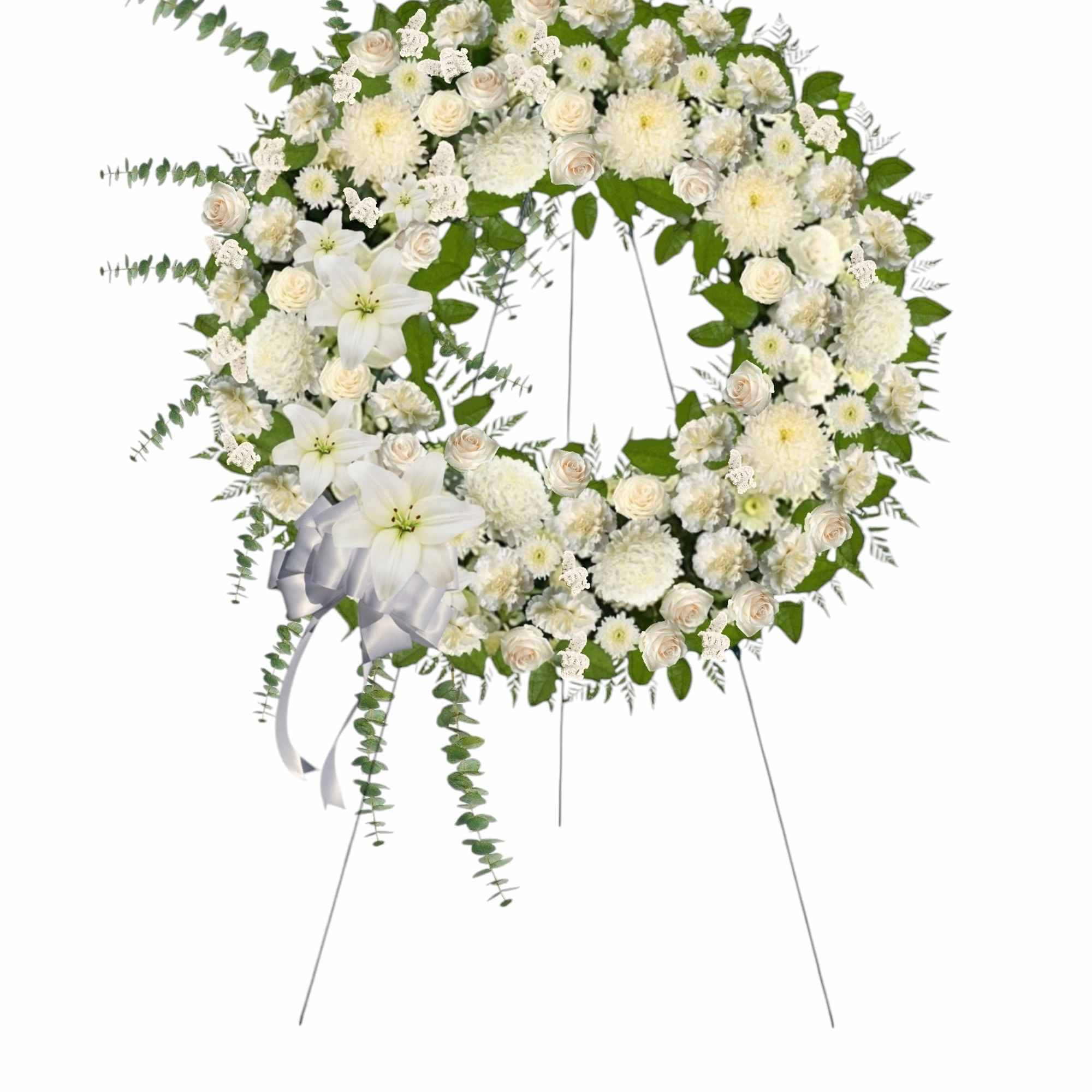 A beautiful white wreath symbolizes the circle of eternal life. Our standing