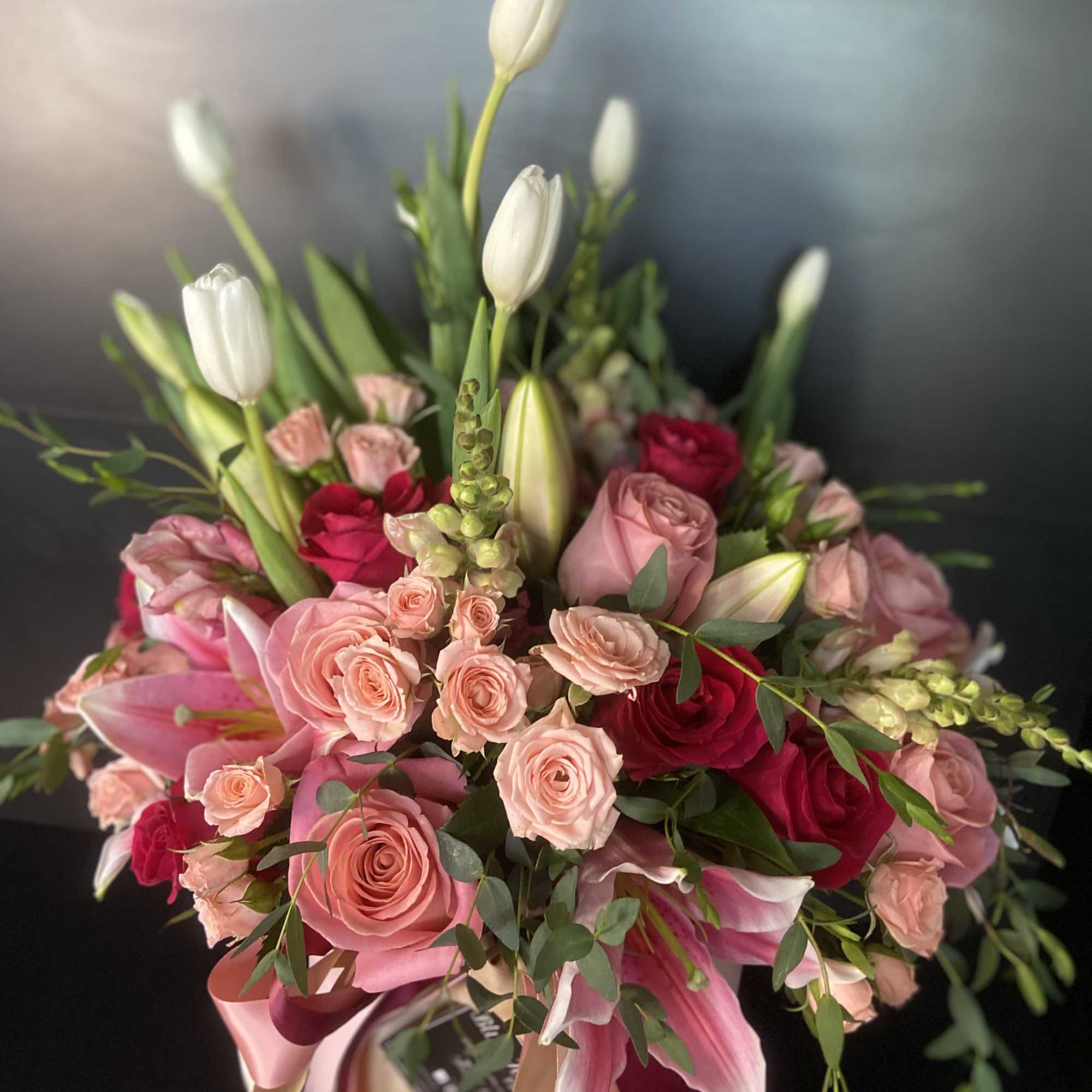 Roses, Spray Roses, and Tulips, Cylinder. 