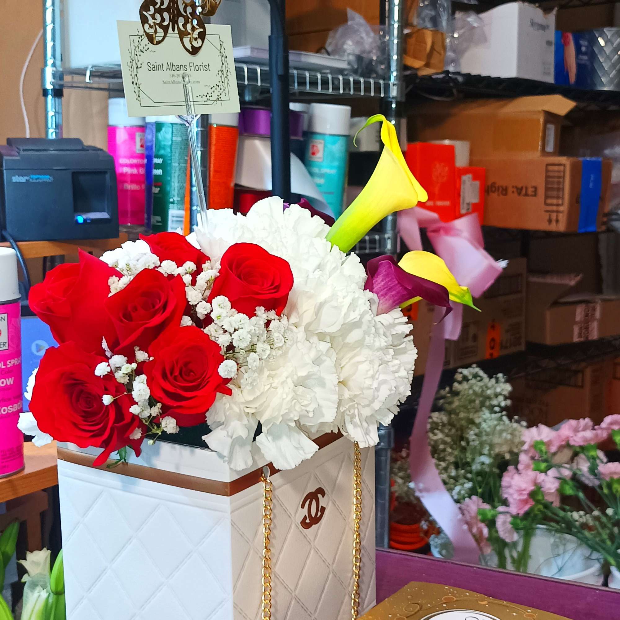Mix spring flowers with designer gift box, we have Louis Vuitton, Prada Mix spring flowers with designer gift box, we have Louis Vuitton, Prada