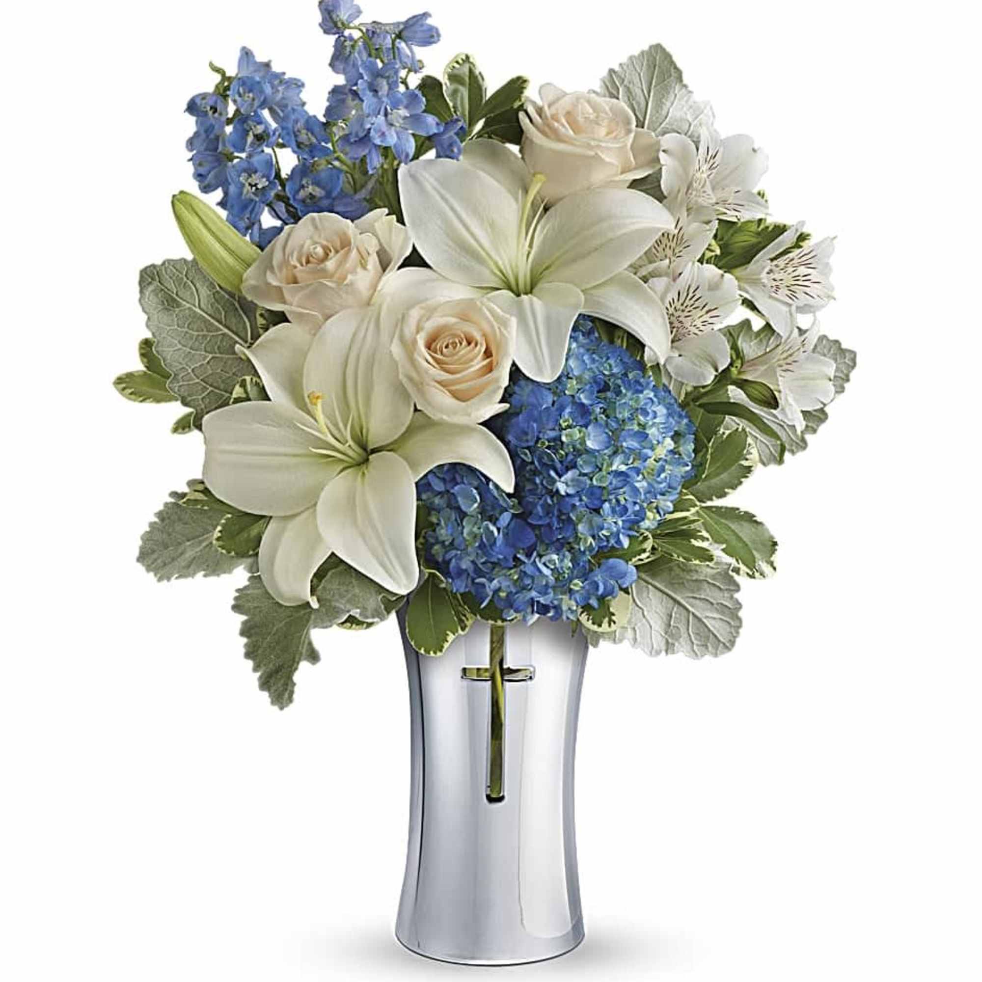 An elegant expression of your deepest condolences, this majestic mix of blue