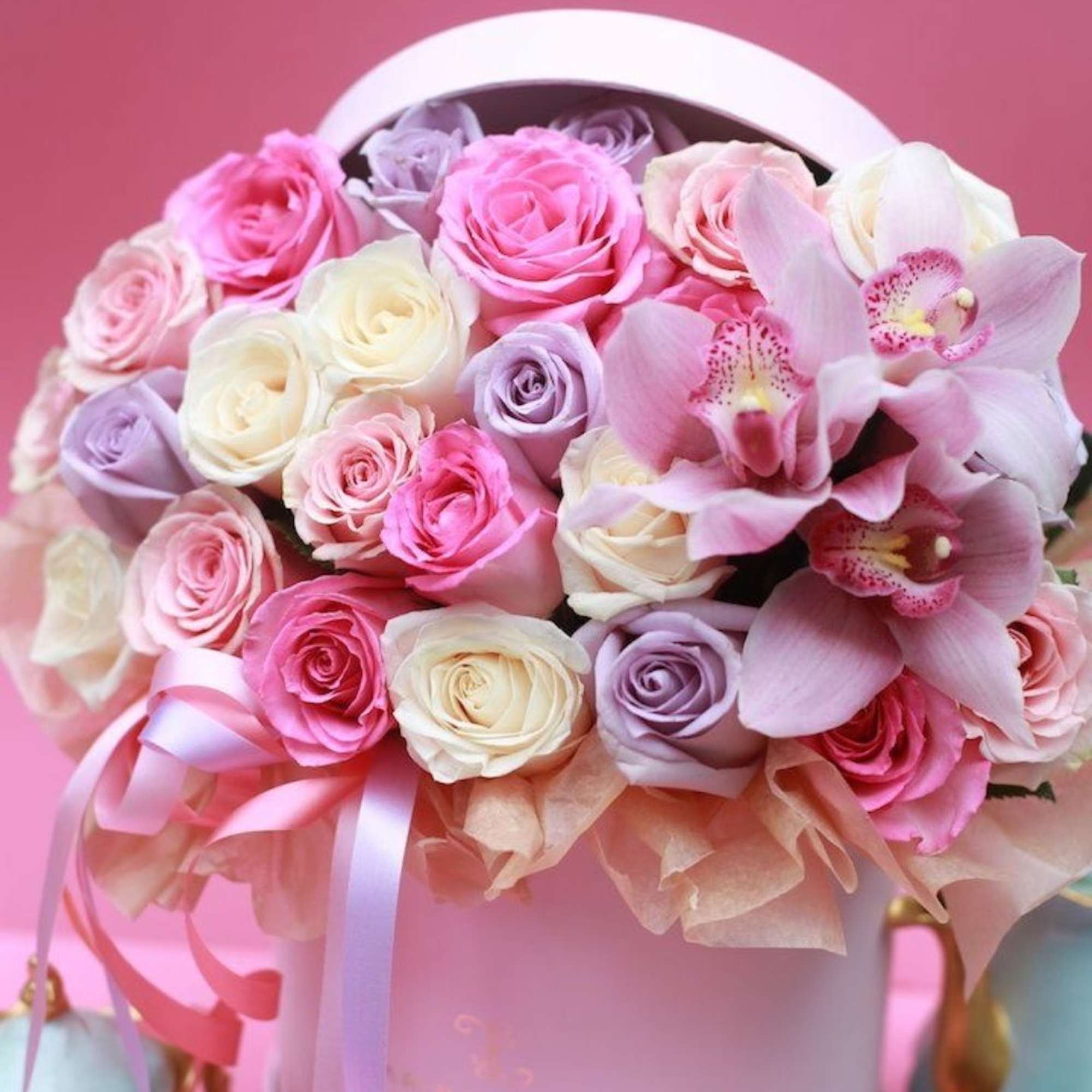 Amazing rose pastel hat box, light pink roses, lavender roses and touch