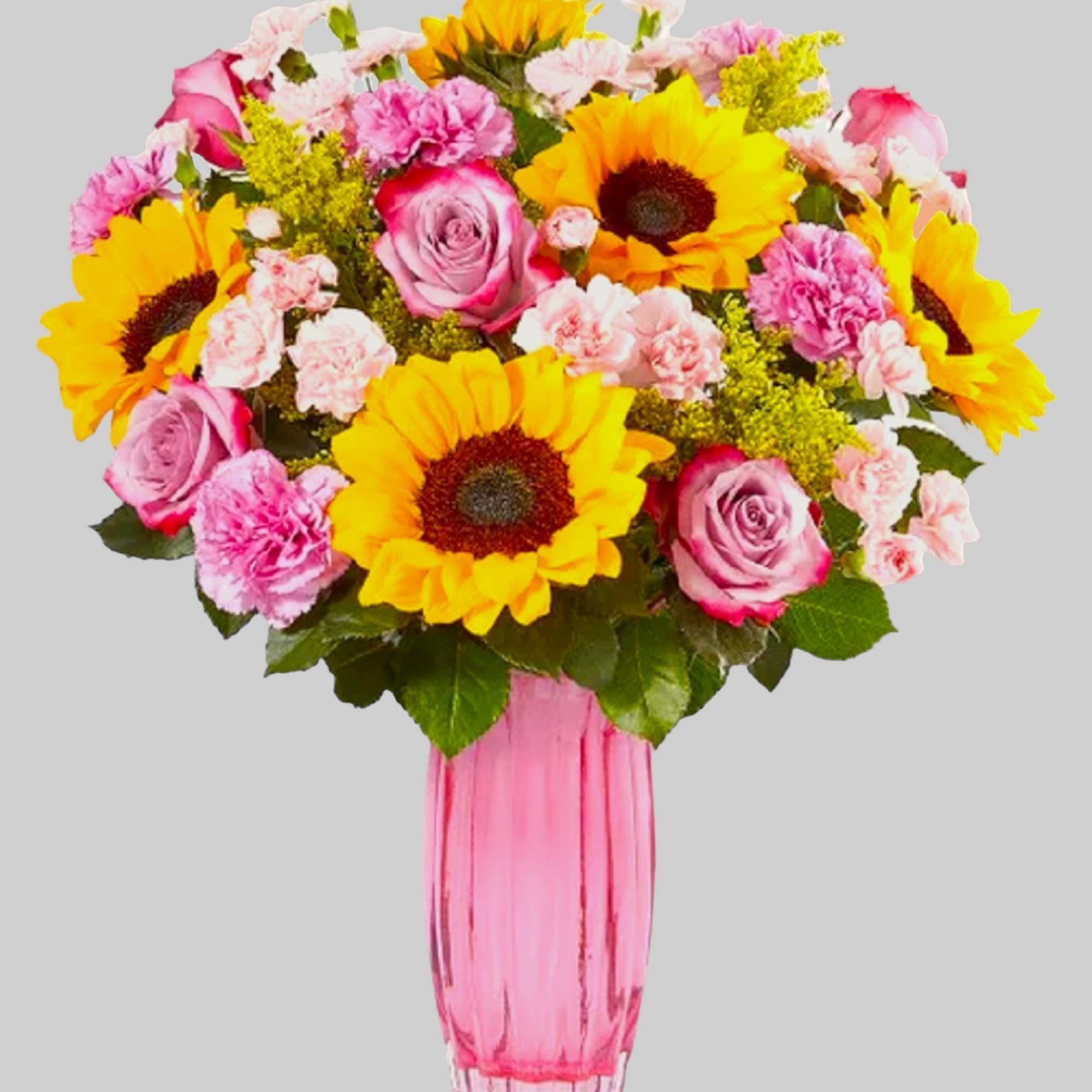Our bright flower arrangement brings all the happiness of a sunshine-filled day.