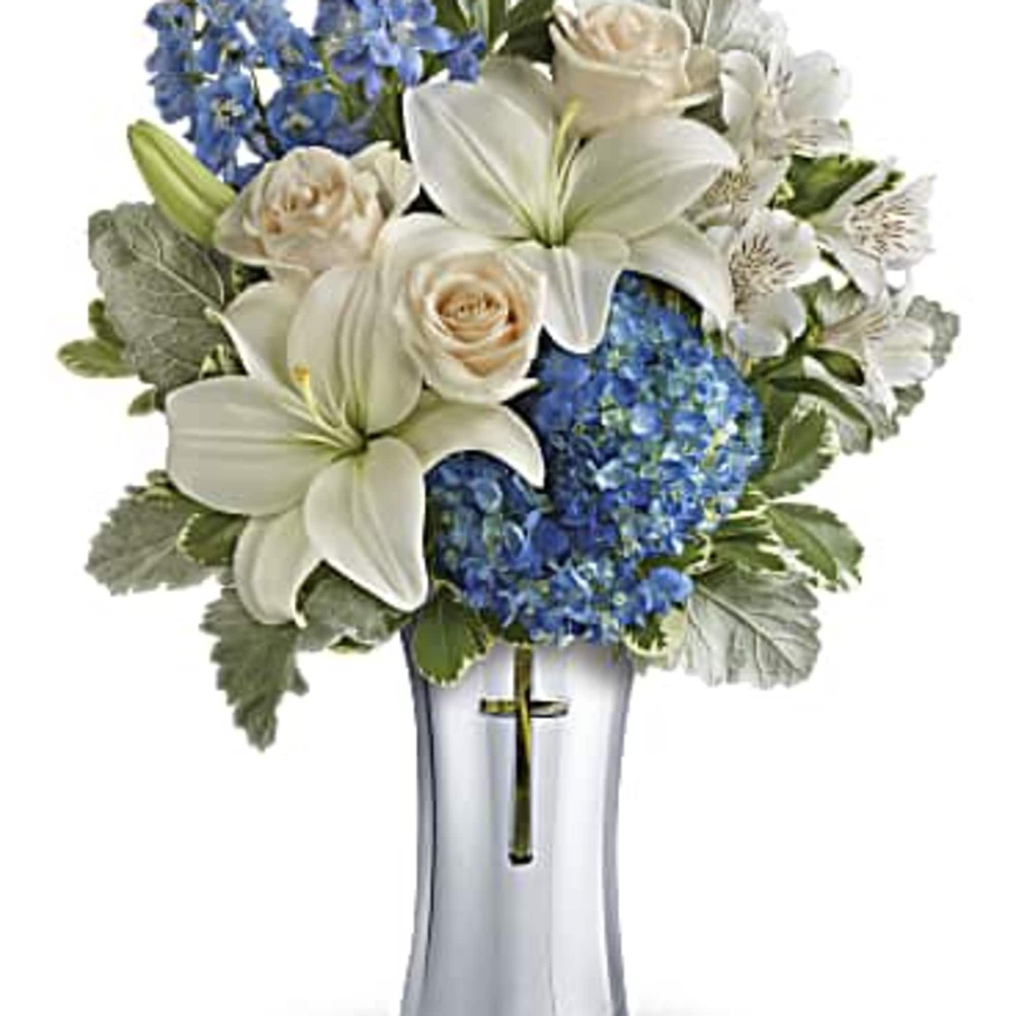 An elegant expression of your deepest condolences, this majestic mix of blue An elegant expression of your deepest condolences, this majestic mix of blue