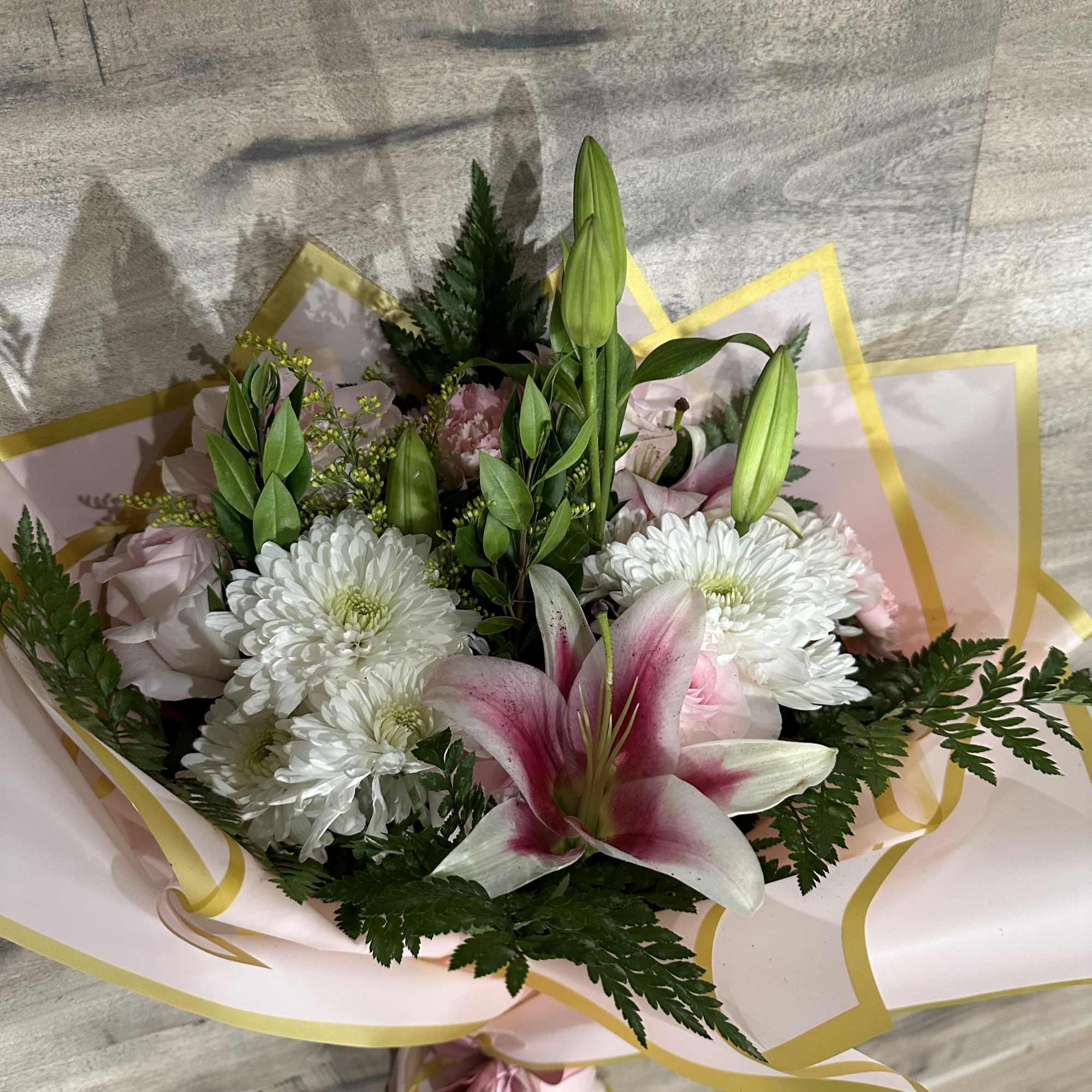 Beautiful seasonal flowers, 5 roses, 1 lily, with mums, mixed greens (flower