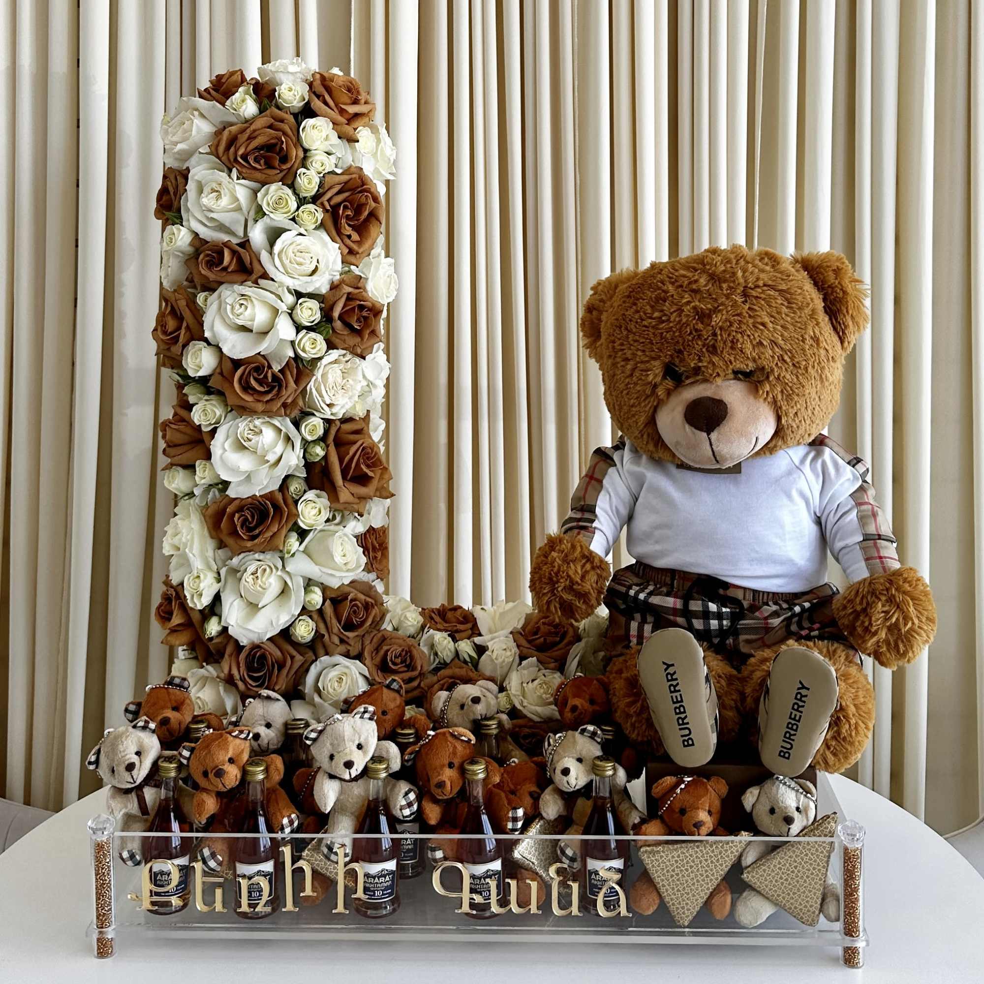 !!! Large teddy bear, writing on Tray, and items in tray not