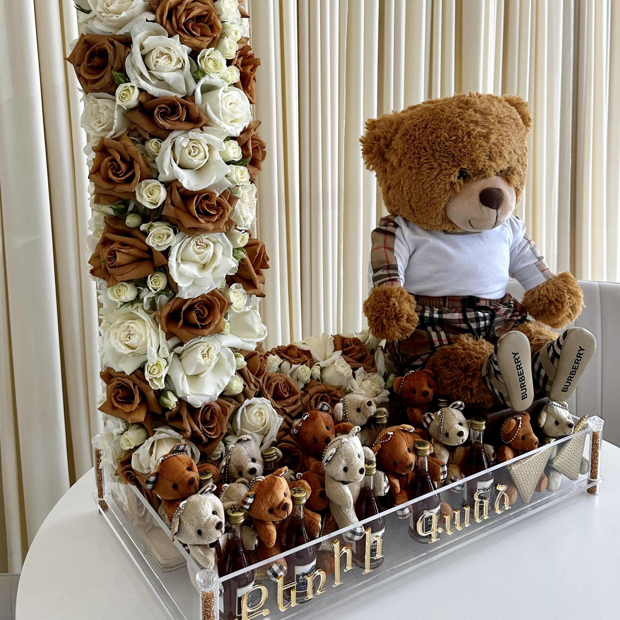 !!! Large teddy bear, writing on Tray, and items in tray not