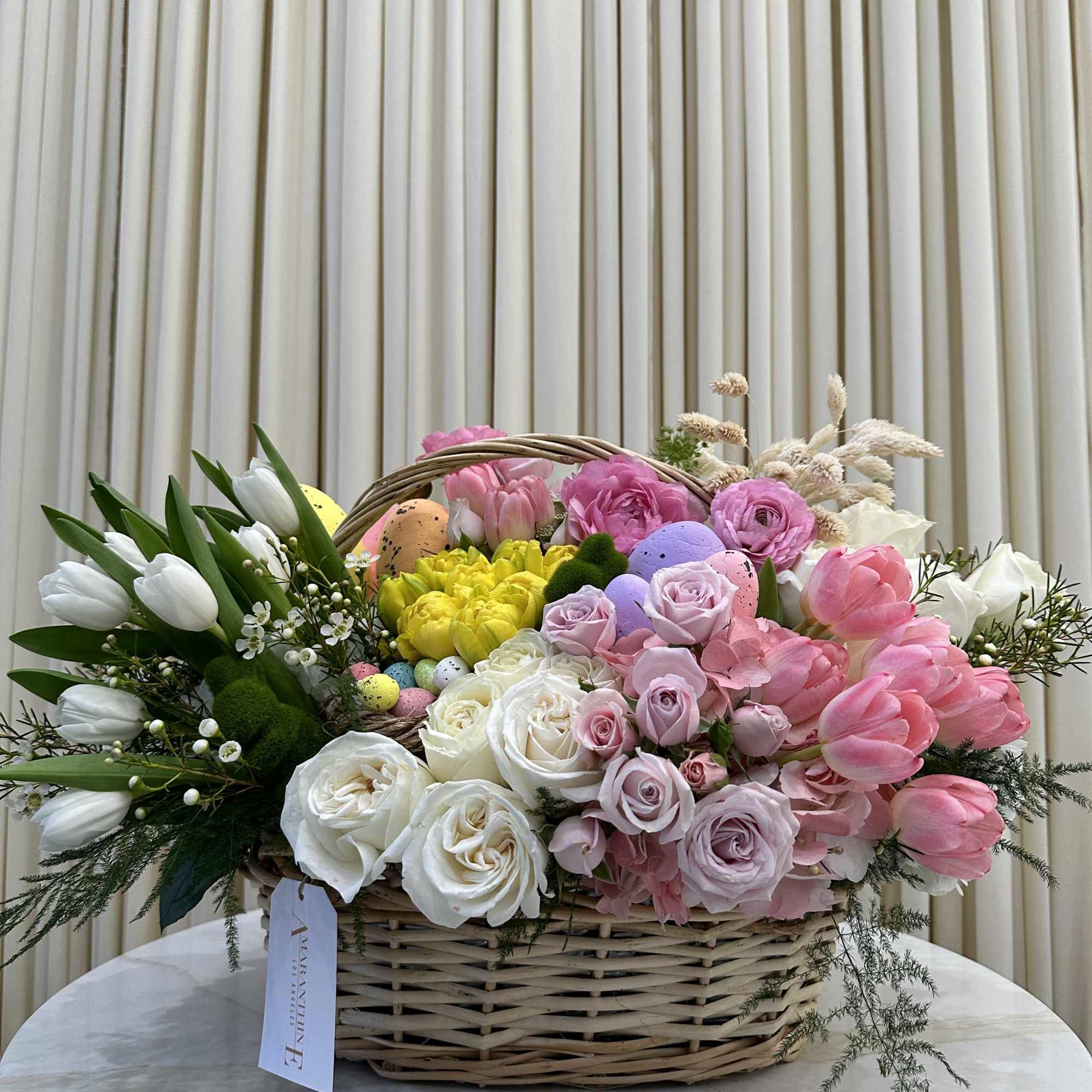 Bursting with springtime colors and textures, this Easter basket captures the essence