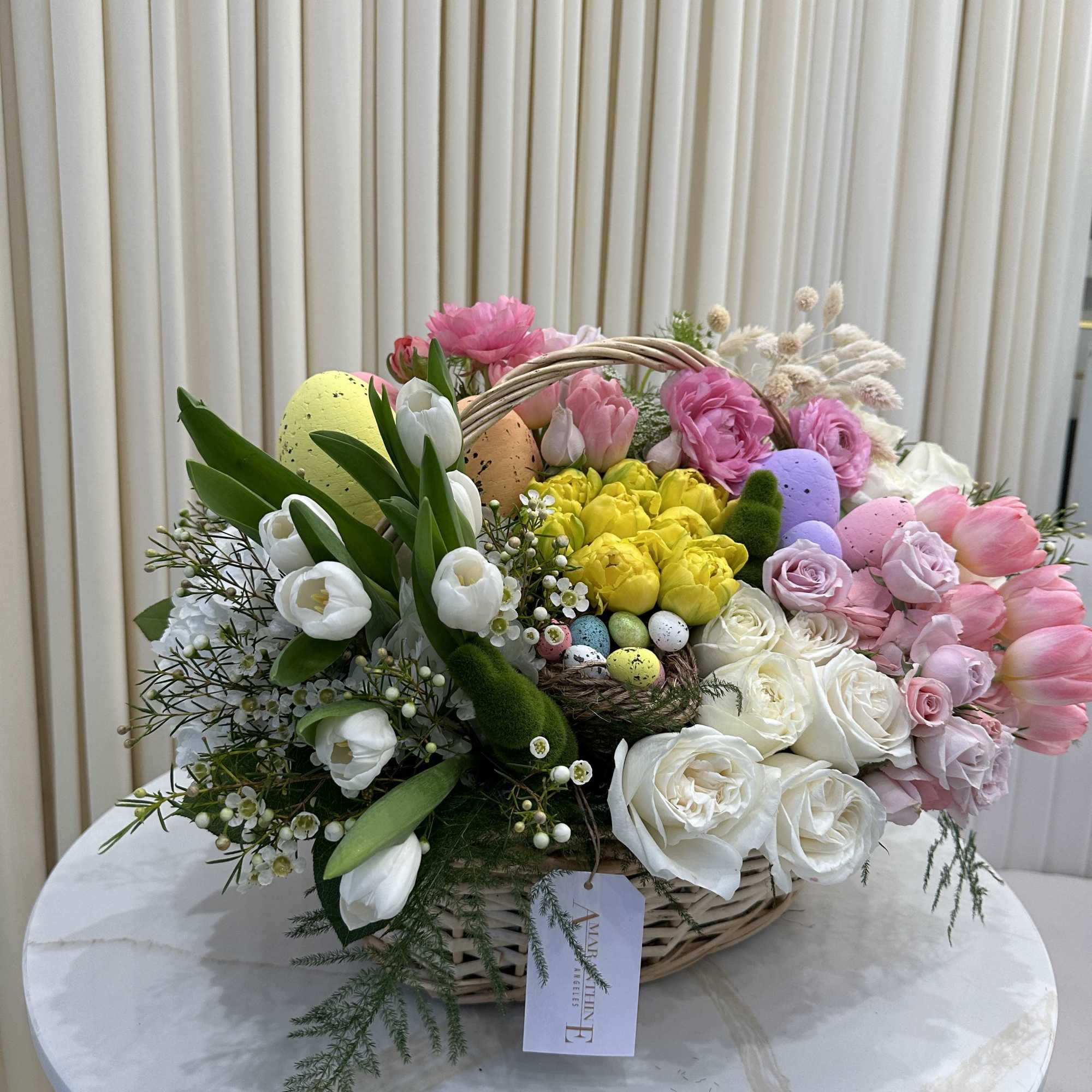 Bursting with springtime colors and textures, this Easter basket captures the essence