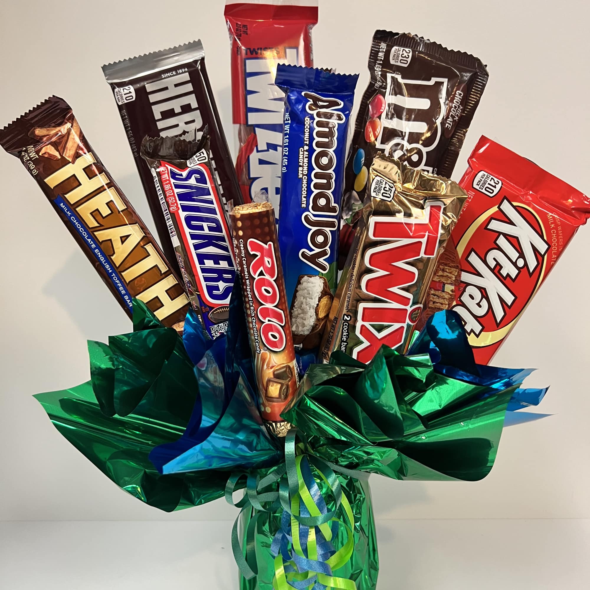 Unique Candy Bar Bouquet that pairs great with your flower-giving!  Five