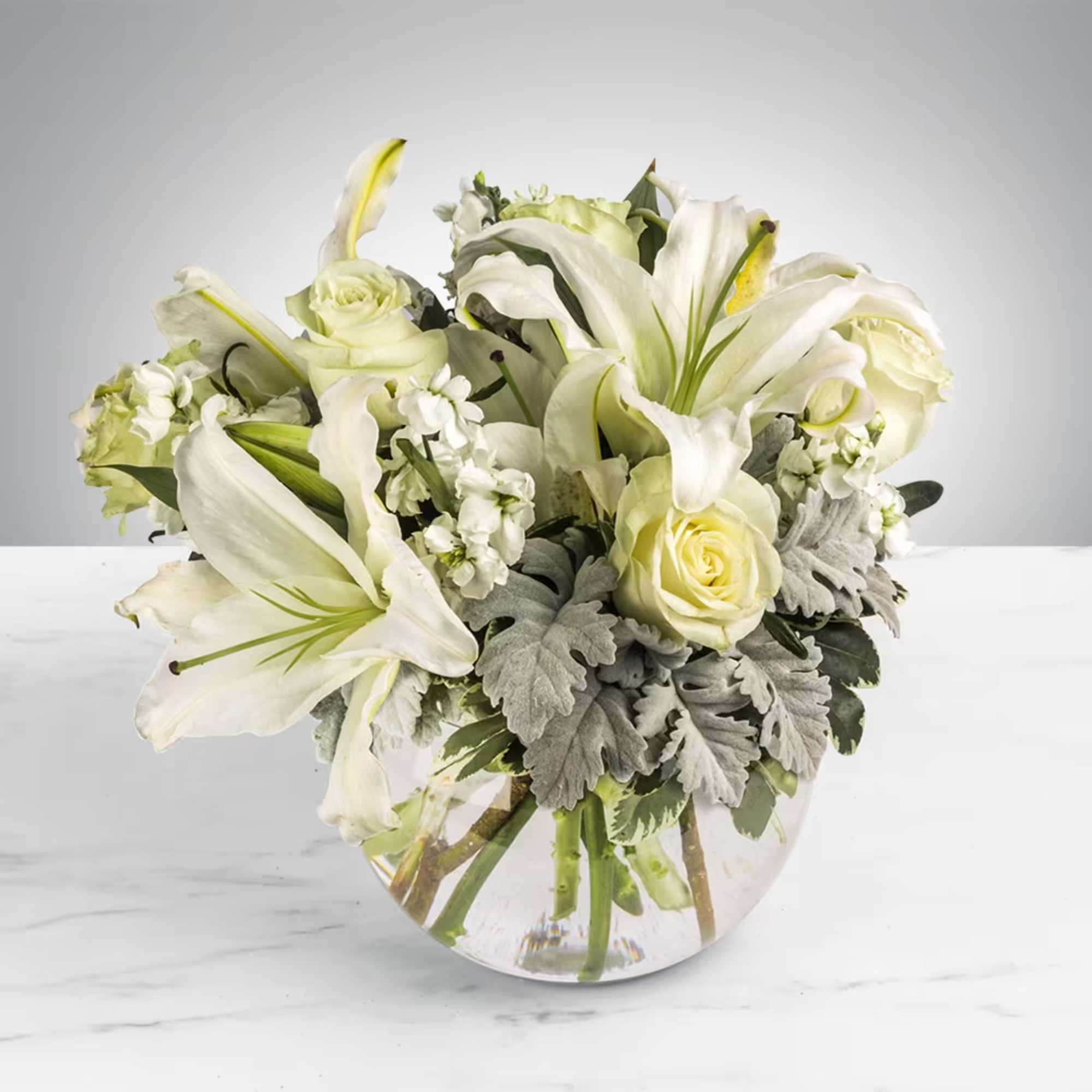 This arrangement includes white roses, white asiatic lilies, white stock, and dusty