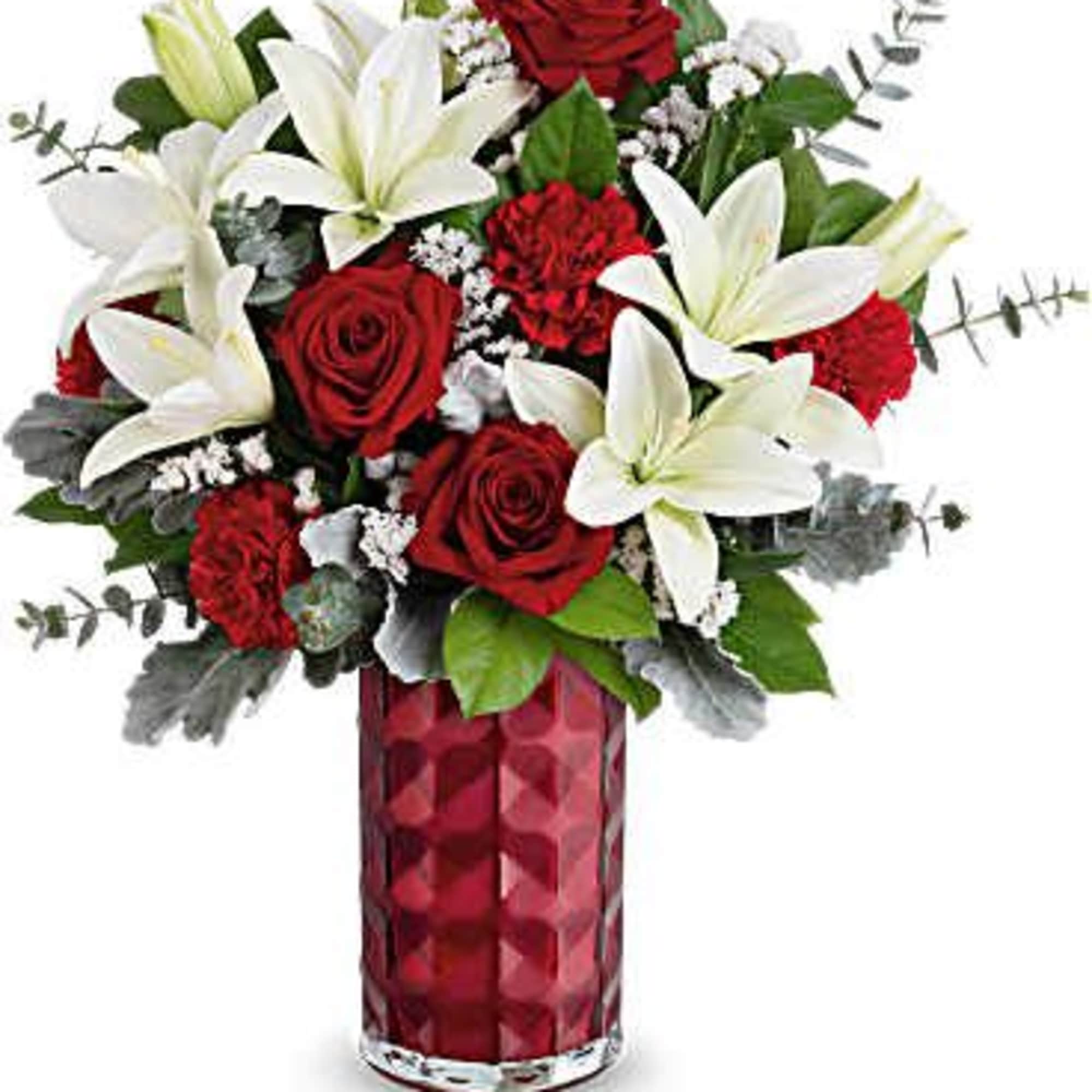 Elevate your Valentine&#039;s Day sentiments with this elegant rose and lily bouquet
