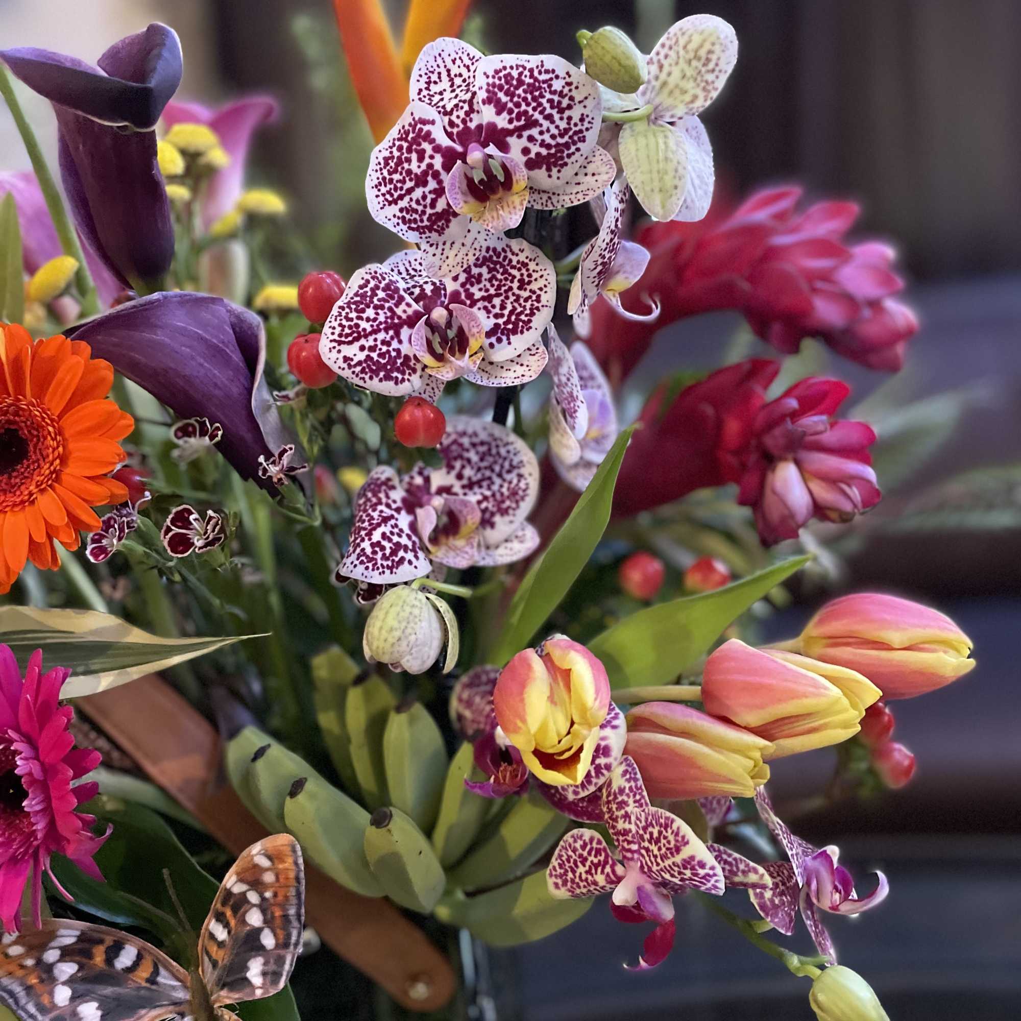A vibrant and exotic fusion of tropical elements creates an awe-inspiring arrangement