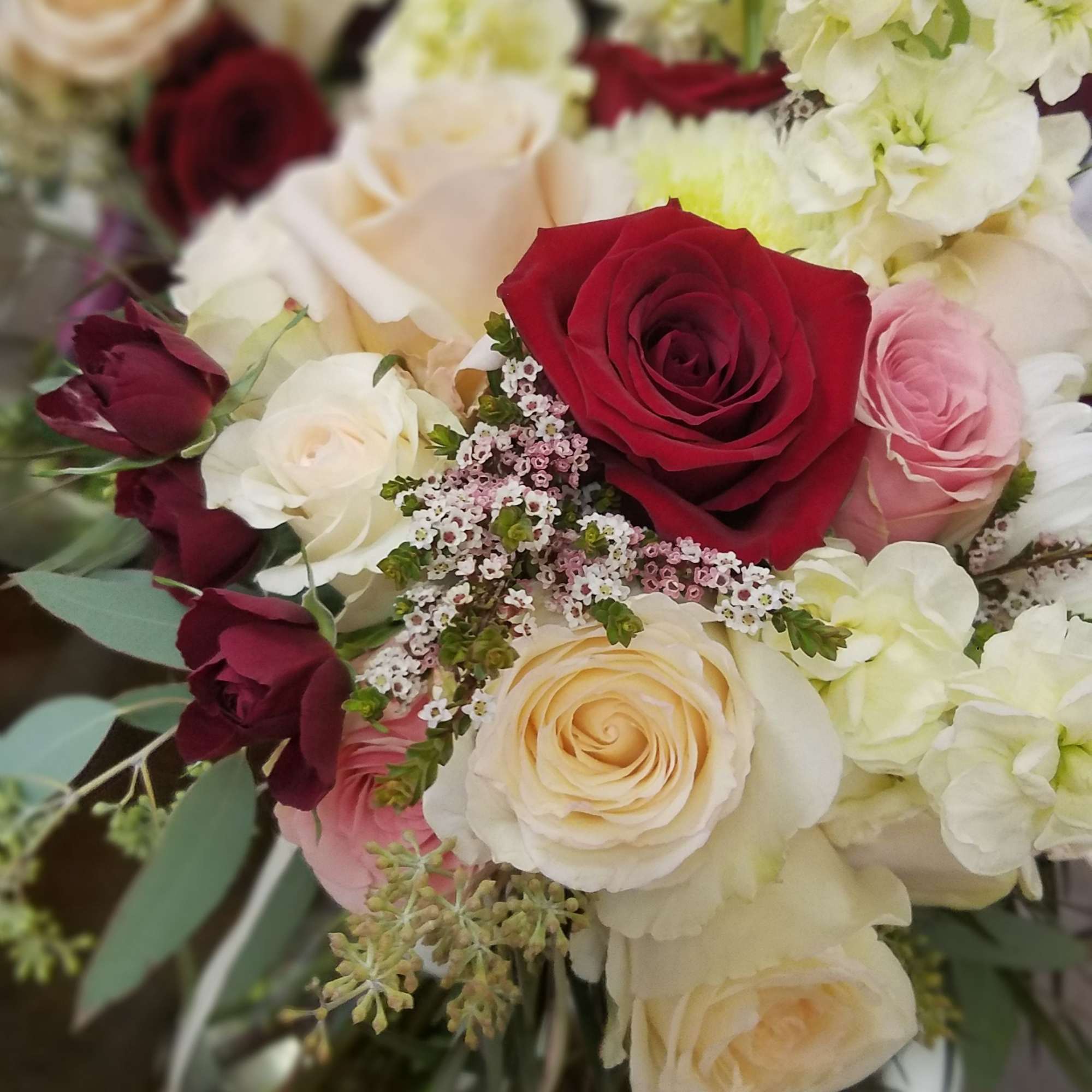 The enchanting blend of burgundy, blush, and ivory blooms creates a stunning