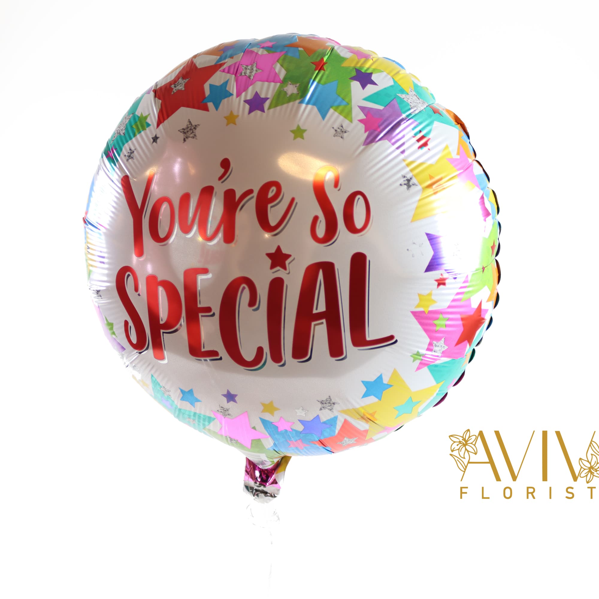 Helium inflated and attached to a weight arranged elegantly with matching ribbon.