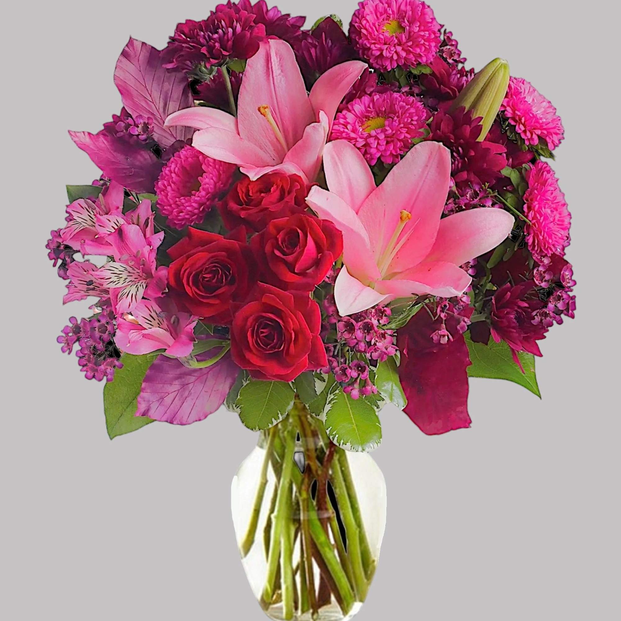 Soft, soothing shades of lavender contrast quietly with the hot pink and