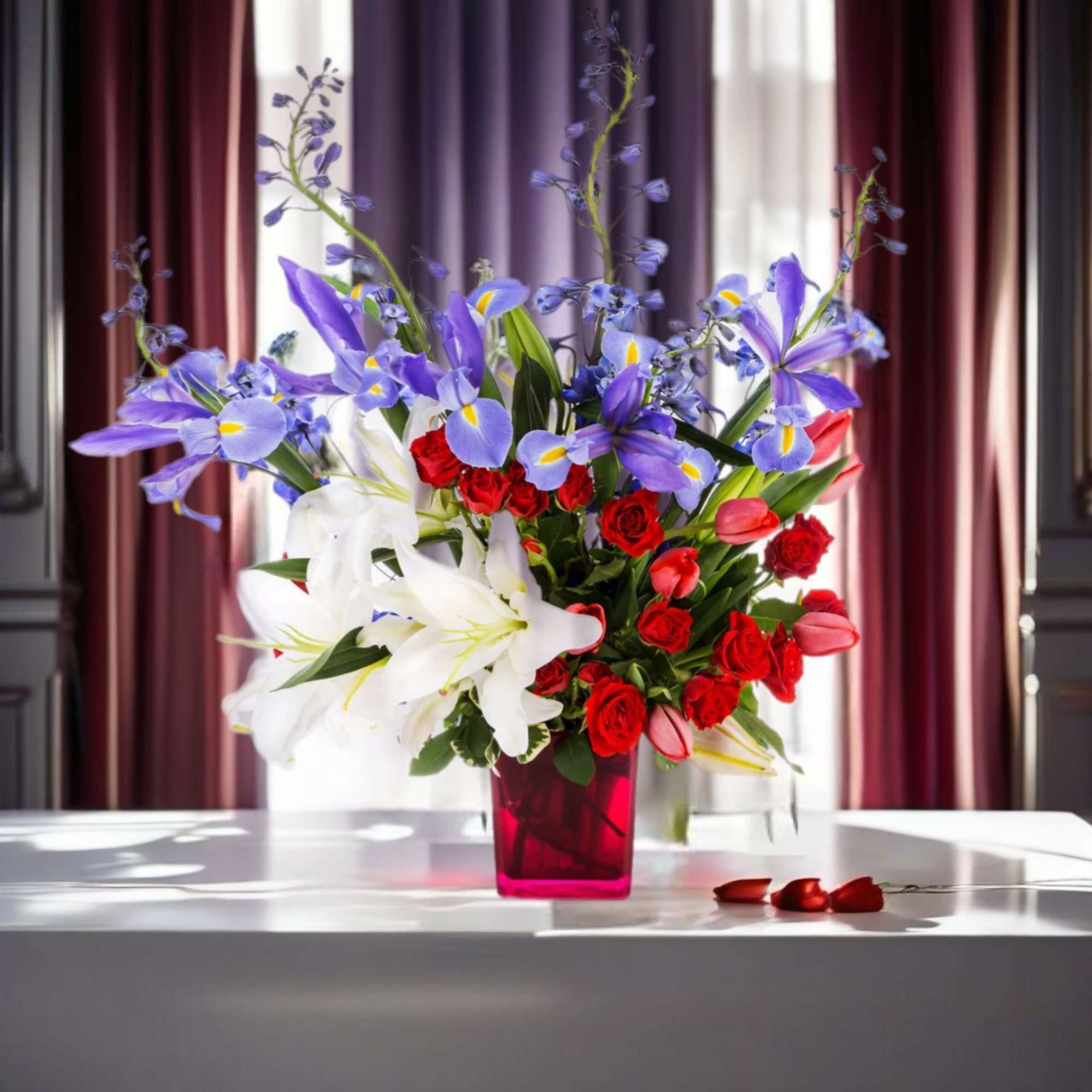 You are a firework! This arrangement featuring iris, tulips, and lilies is