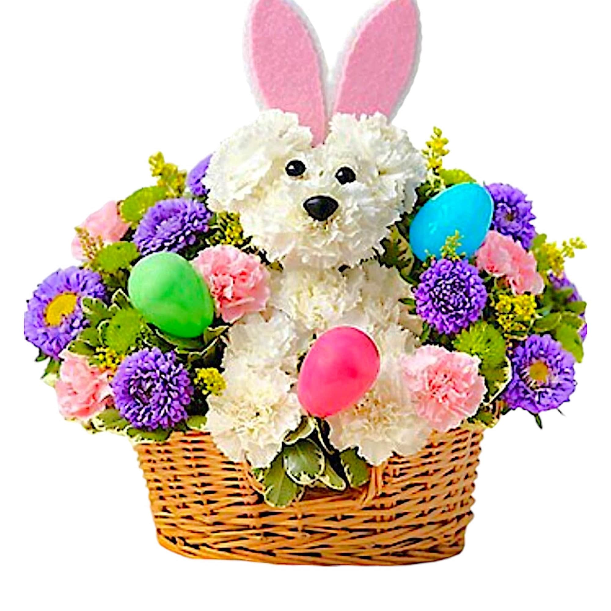 This Easter Bunny Pup arrangement full of beautiful blooms &amp; colorful plastic