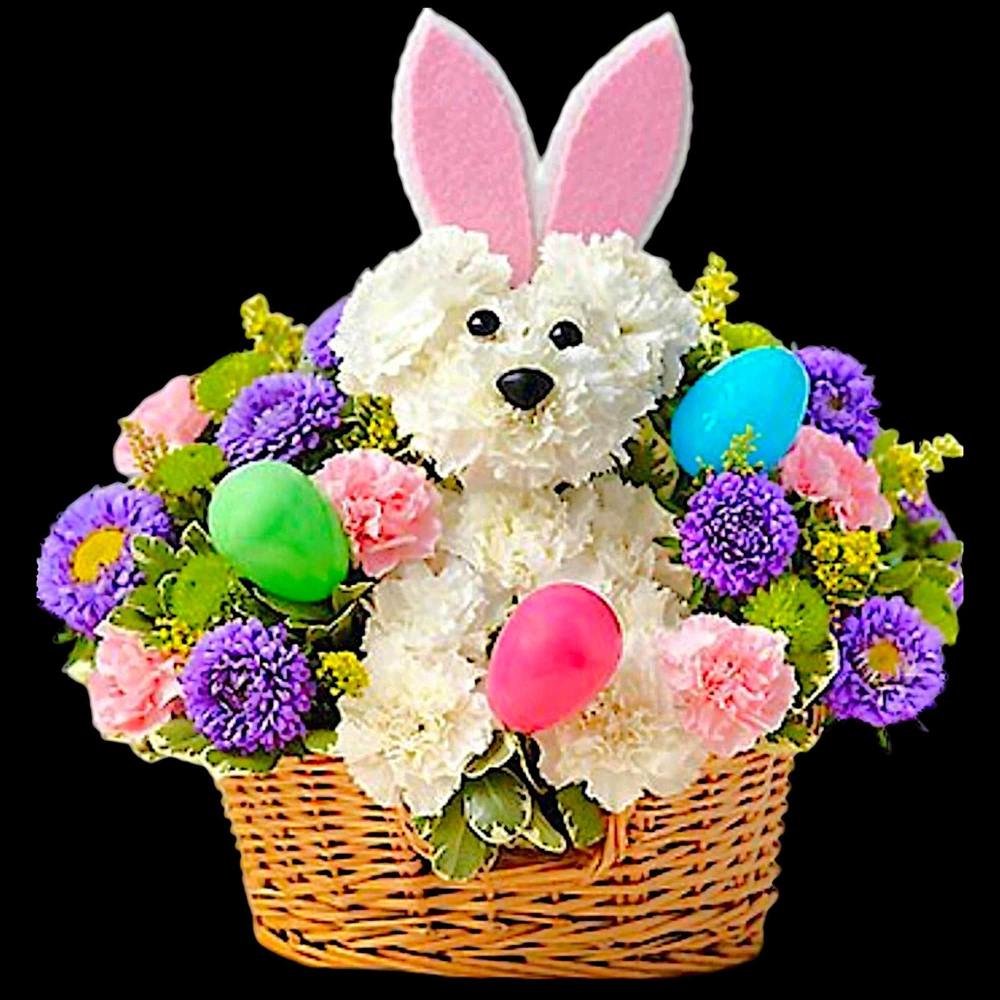 This Easter Bunny Pup arrangement full of beautiful blooms &amp; colorful plastic