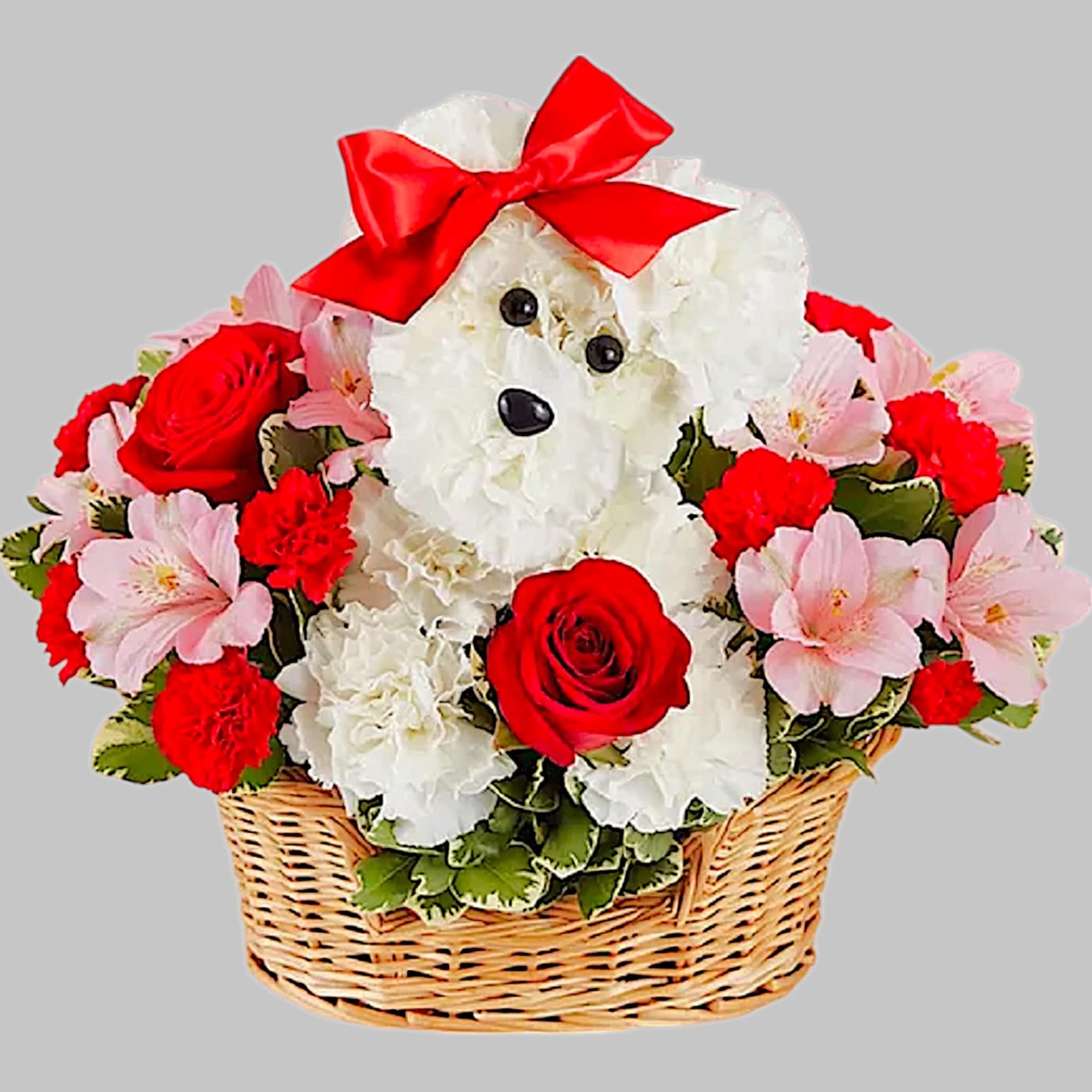 Talk about puppy love! Crafted from lasting white carnations, our canine cutie